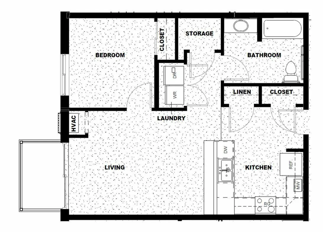 Charming 1-bedroom apartment floor plan with open living area, modern kitchen, convenient laundry space, and spacious bathroom.