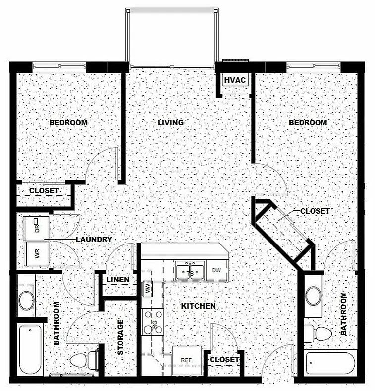 Modern 2D floor plan featuring 2 spacious bedrooms, a central living area, and a well-equipped kitchen with ample storage.
