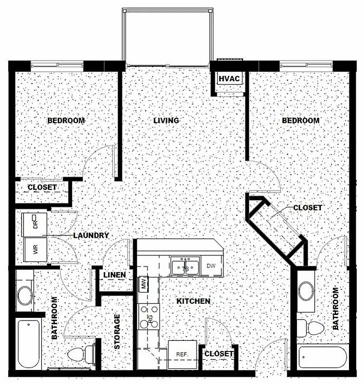 Modern floor plan with 2 bedrooms, 2 bathrooms, open living area, and kitchen. Includes laundry, HVAC, and ample closet space.