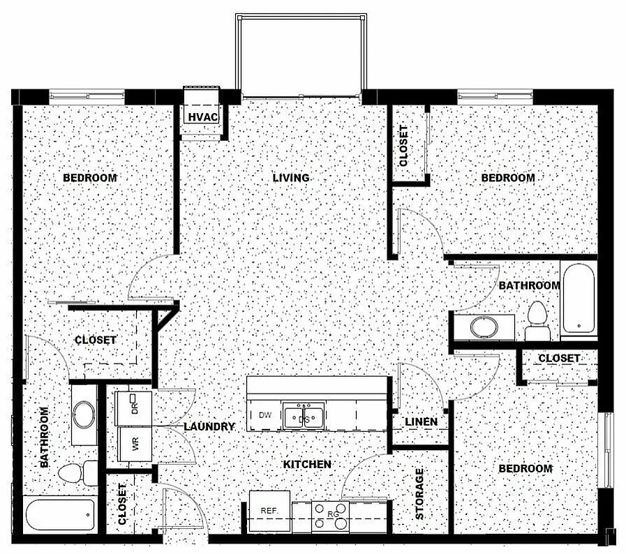 Inviting floor plan showcasing 3 bedrooms, spacious living area, modern kitchen, and convenient laundry room for effortless living.