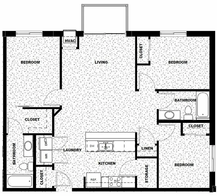 Modern floor plan showcasing 3 comfortable bedrooms, a spacious living area, and a sleek kitchen with laundry facilities.
