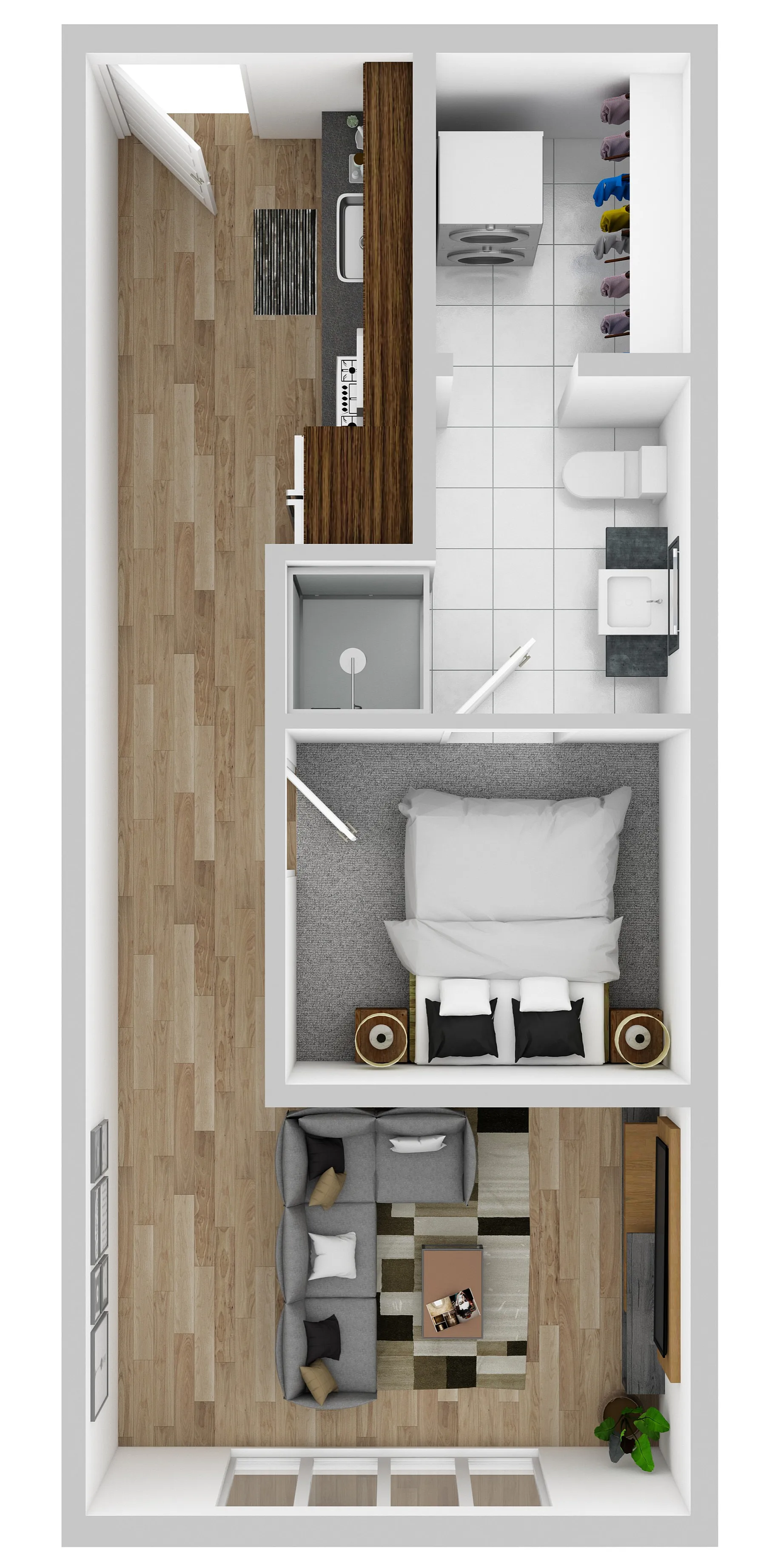 Modern floor plan featuring a cozy bedroom, elegant living area, stylish bathroom, and compact kitchen, perfect for urban living.