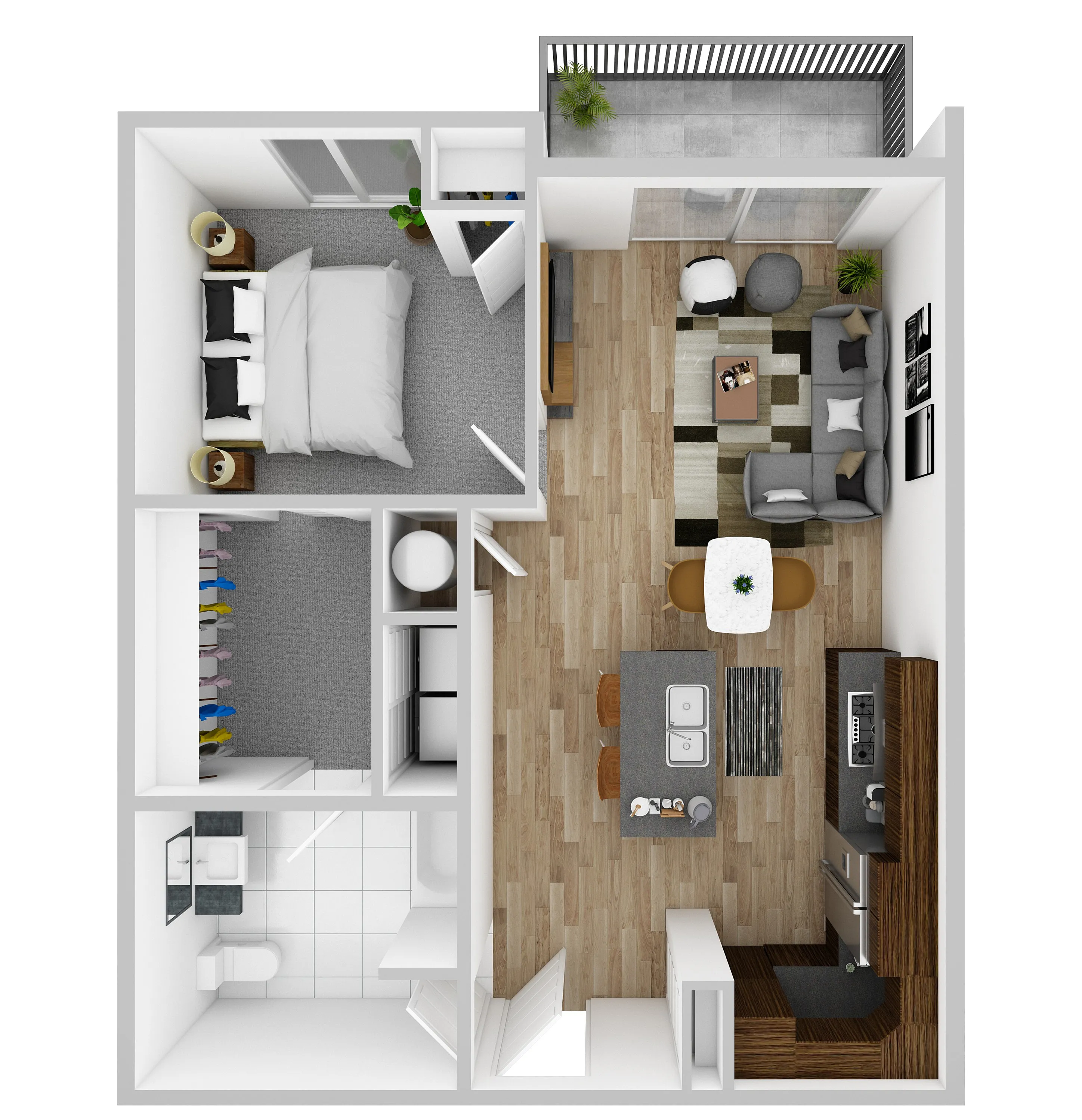 Chic 1-bedroom apartment floor plan featuring a spacious living area, modern kitchen, and a cozy balcony.