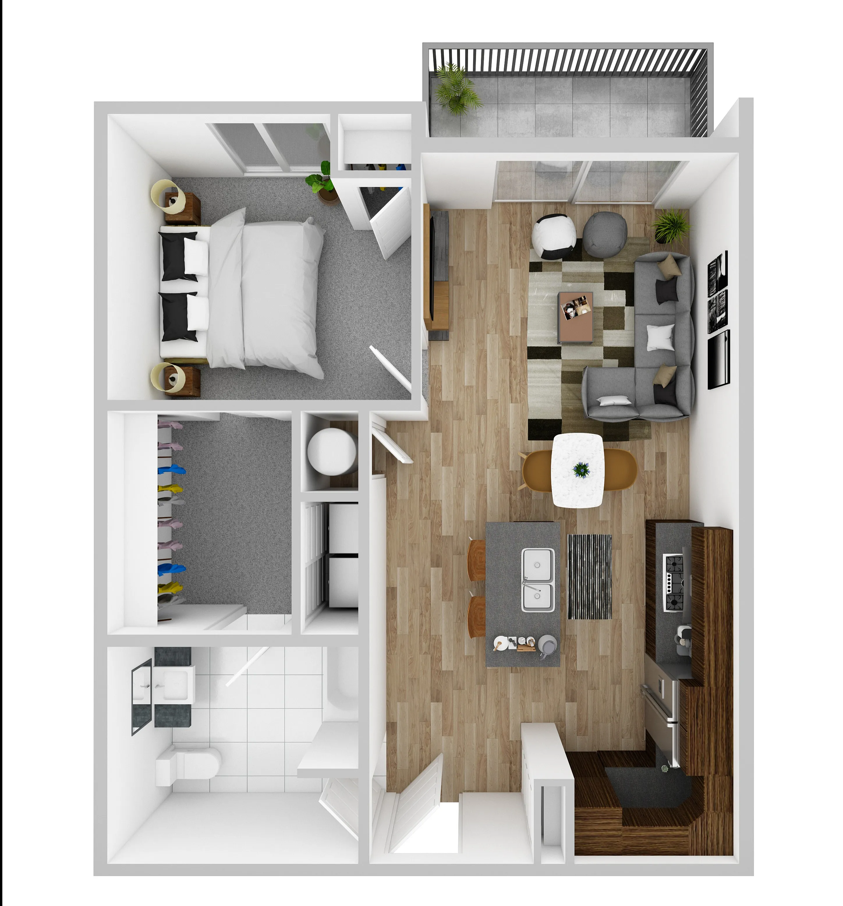 Modern 3D floor plan showcasing a spacious one-bedroom apartment with a cozy living area, open kitchen, and private balcony.