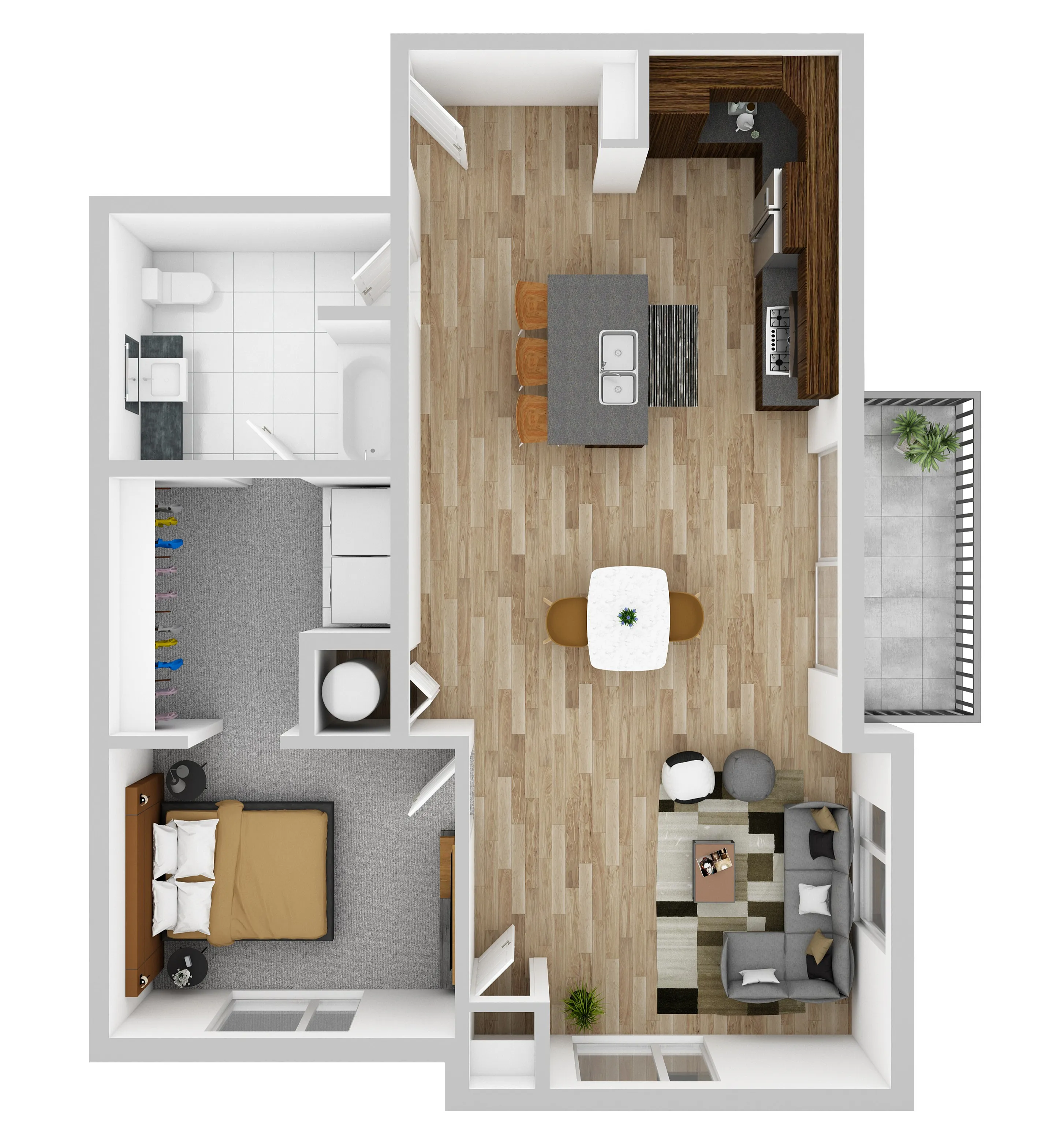 Contemporary 3D floor plan showcasing an inviting open-concept kitchen, living, and dining area, a cozy bedroom, a modern bathroom, and a spacious balcony with stylish finishes.