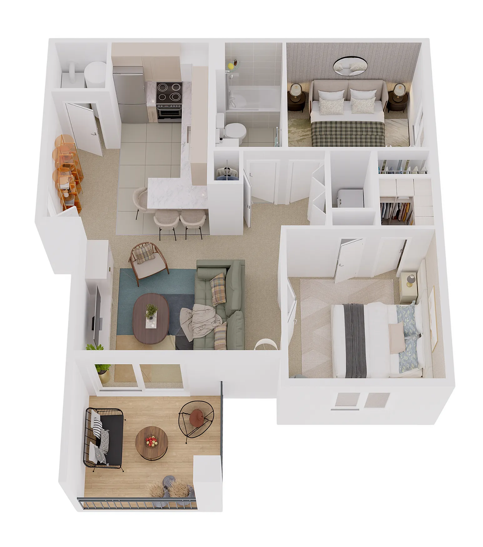 Chic 3D floor plan showcasing seamless design with 2 spacious bedrooms, inviting living area, modern kitchen, and cozy balcony.