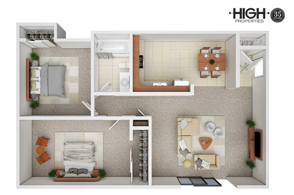 Elegant floor plan showcasing 2 bedrooms, a modern kitchen, inviting living area, and a dining space by High Properties.