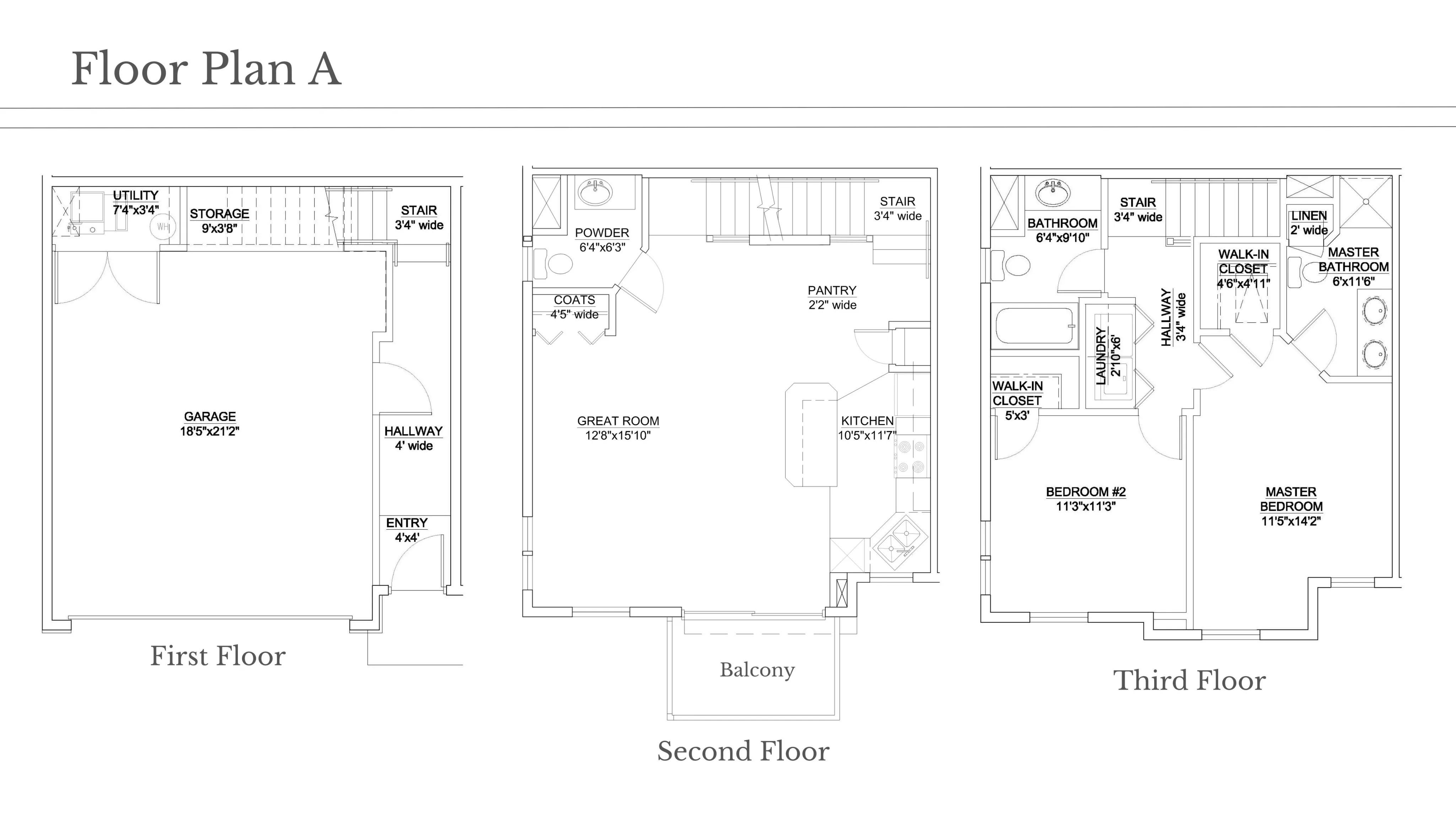 Chic three-level Floor Plan A featuring a spacious garage, inviting great room with balcony, and elegant bedrooms with walk-in closets.