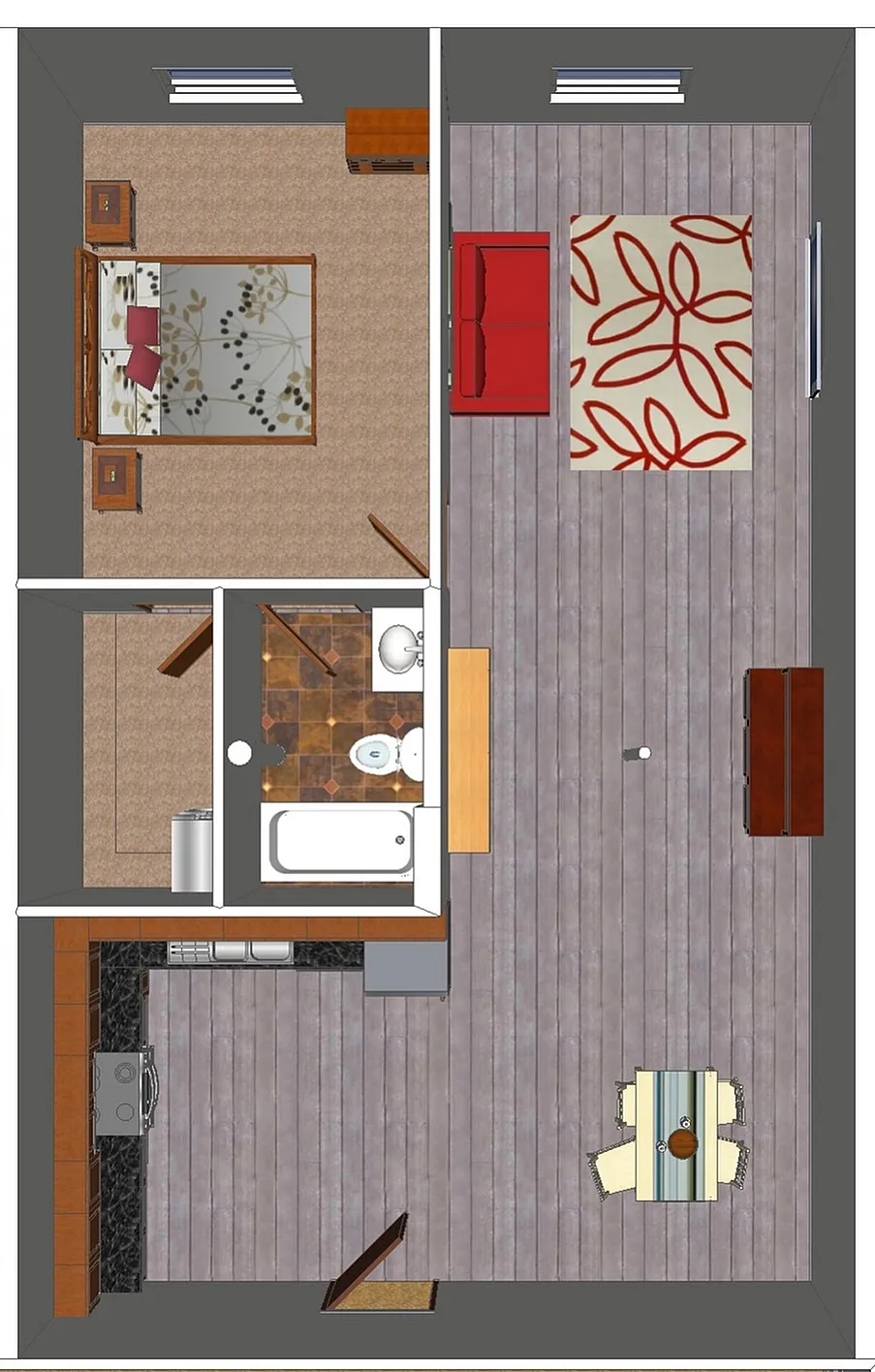 Charming floor plan with 1 bedroom, stylish living area, modern kitchen, and elegant bathroom.