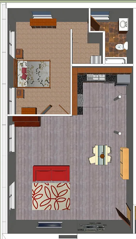 Stylish floor plan featuring a cozy bedroom, modern kitchen, and inviting living area with a dining space, perfect for comfortable living.