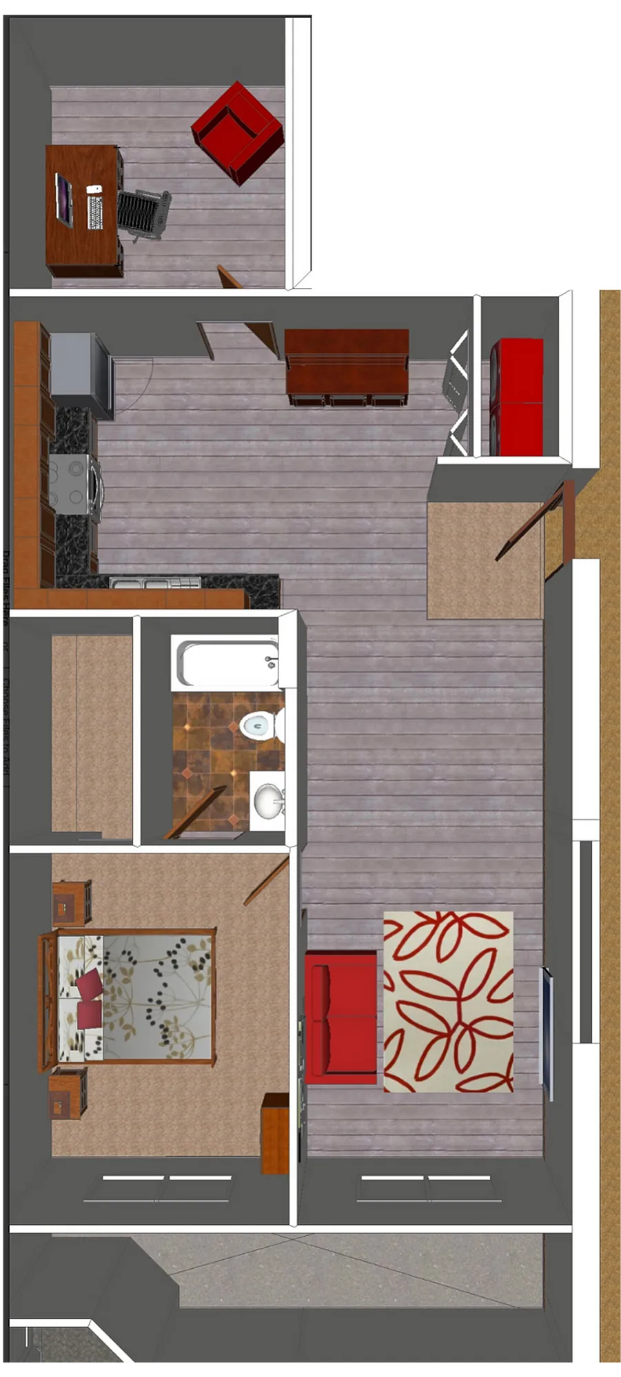 Modern 2D floor plan showcasing a thoughtfully designed apartment with an open living and dining area, sleek kitchen, cozy bedroom, and a spacious bathroom.