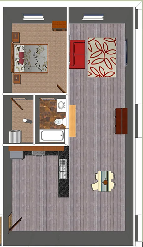 Contemporary open-concept floor plan with one bedroom, spacious living area, modern kitchen, and stylish bathroom.