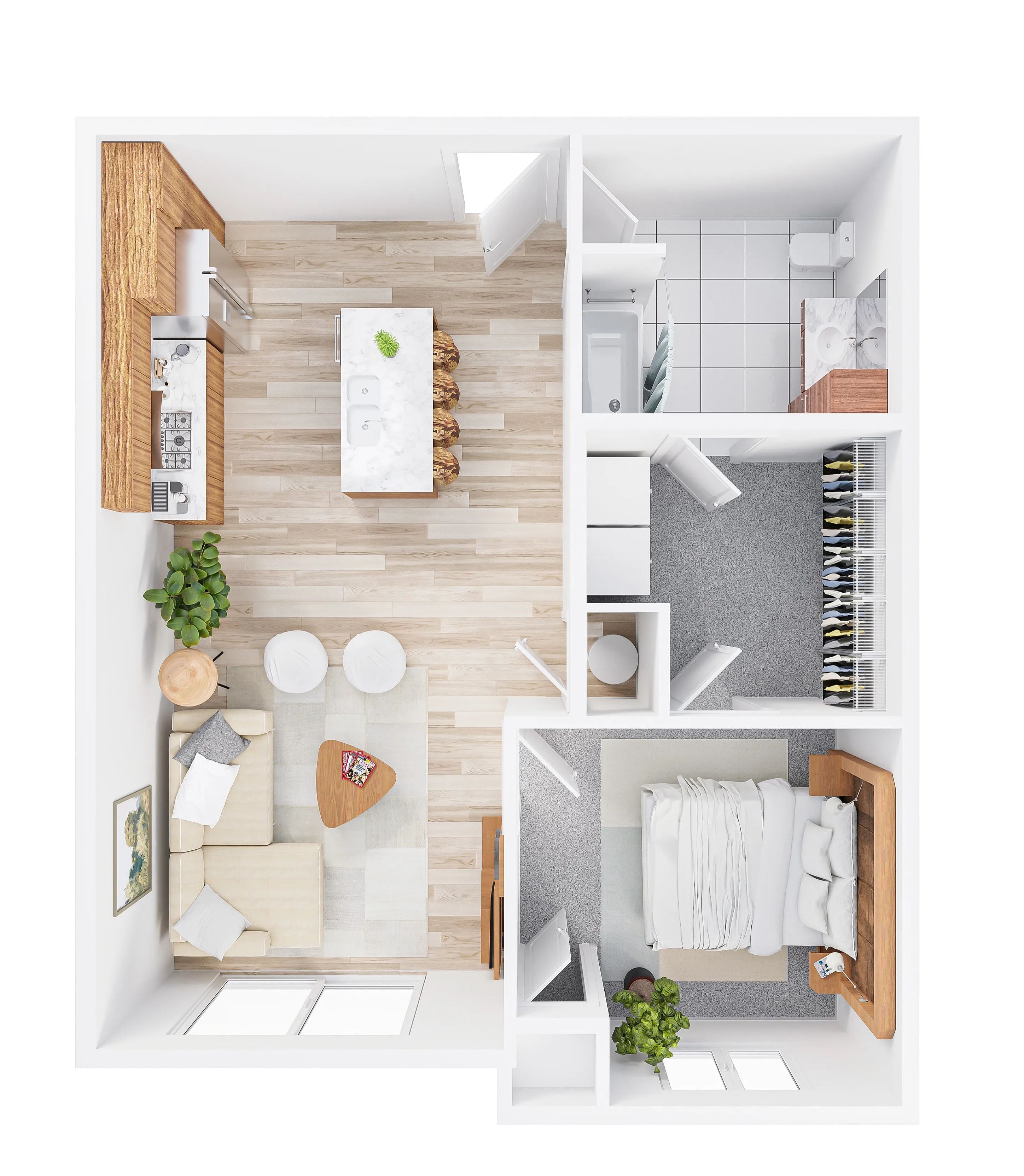Modern apartment floor plan featuring one spacious bedroom, an open-concept living and kitchen area with an island, and a sleek bathroom. Bright and inviting layout with ample storage space and stylish furnishings.