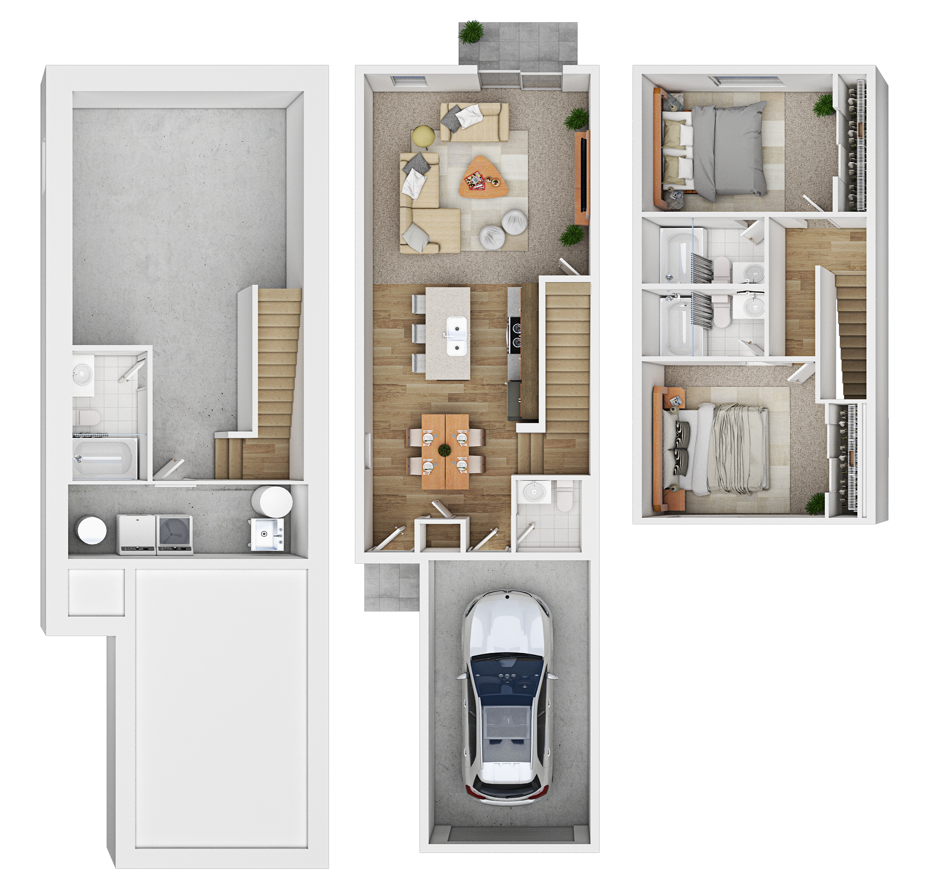 Modern floor plan showcasing two cozy bedrooms, stylish open-concept living area, gourmet kitchen with island, and convenient garage access.