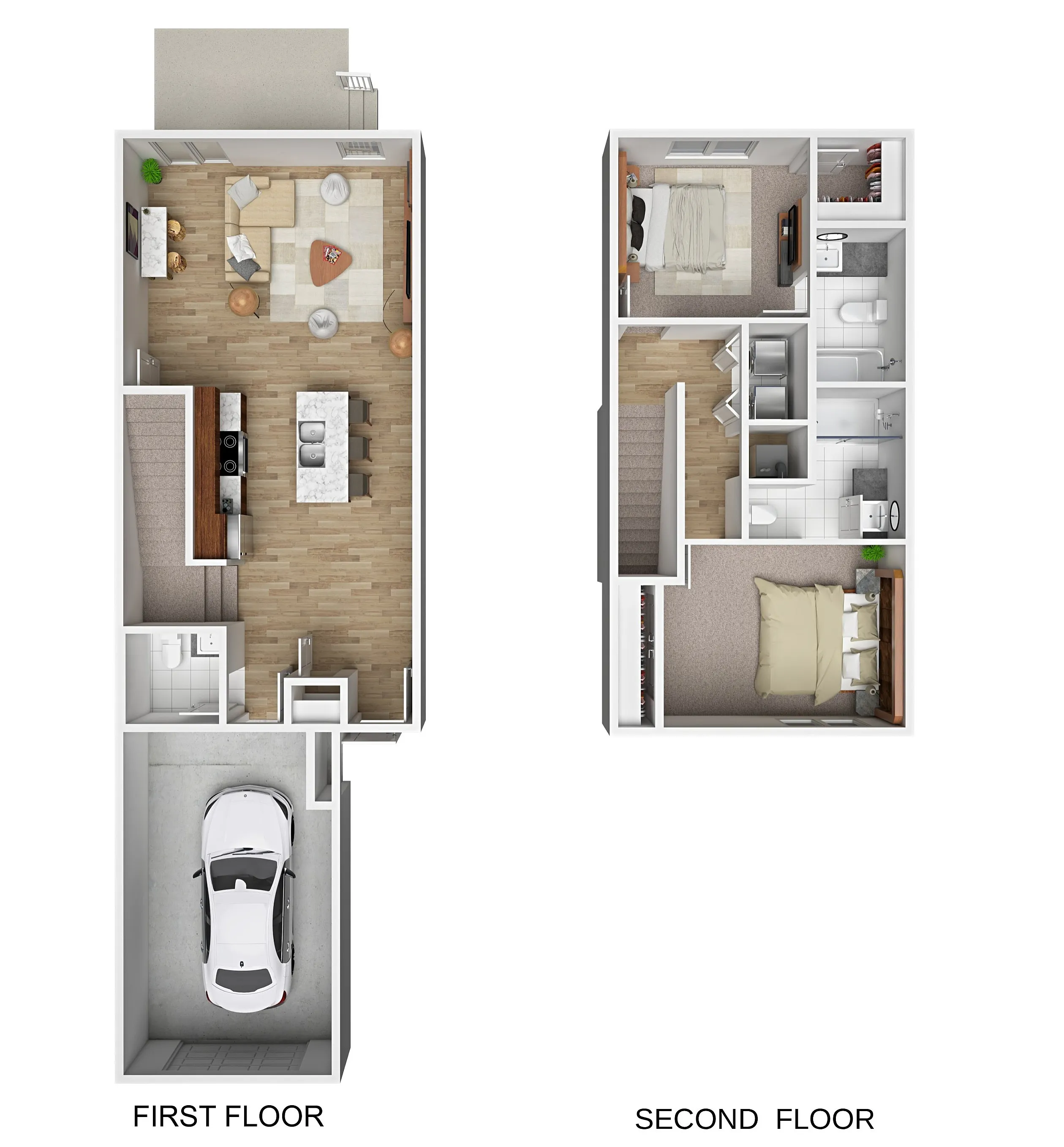 Modern 3D floor plan showcasing a multi-level townhouse with a cozy living area, sleek kitchen, and two spacious bedrooms on the second floor. Includes an attached garage for convenience.