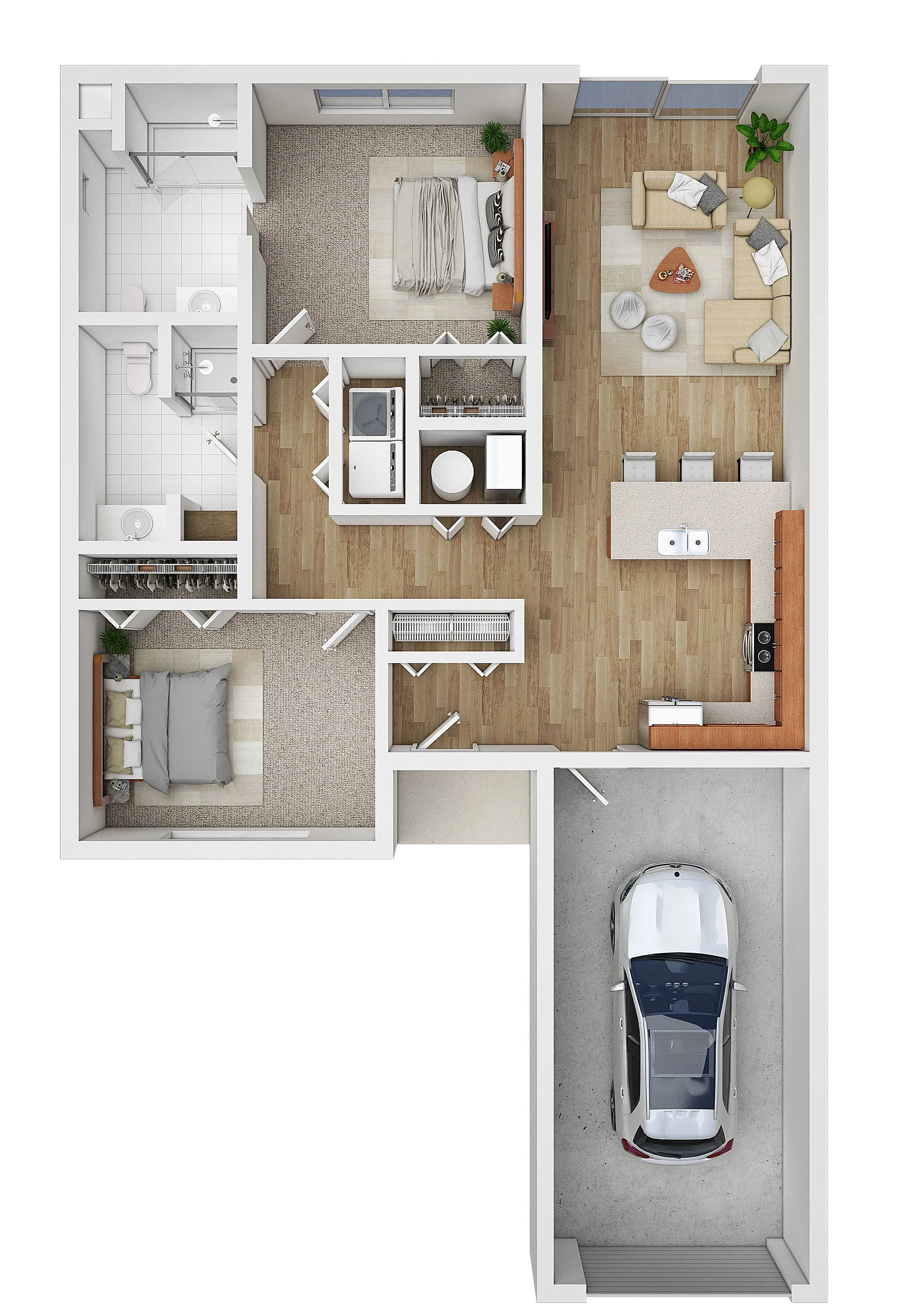 Modern floor plan showcasing 2 cozy bedrooms, a sleek bathroom, spacious living room, and stylish open kitchen with island seating, plus an attached garage.