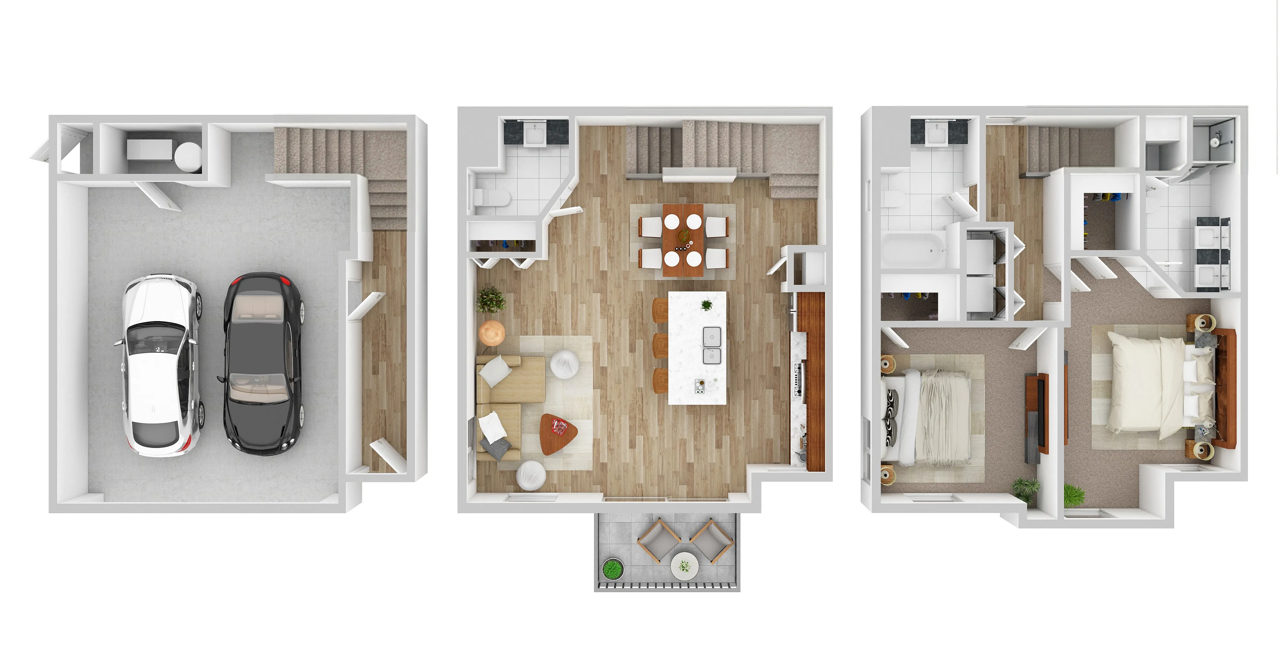 Elegant 3D floor plan showcasing a basement with a two-car garage, an open-concept main floor with kitchen and living area, and upper level featuring two spacious bedrooms.