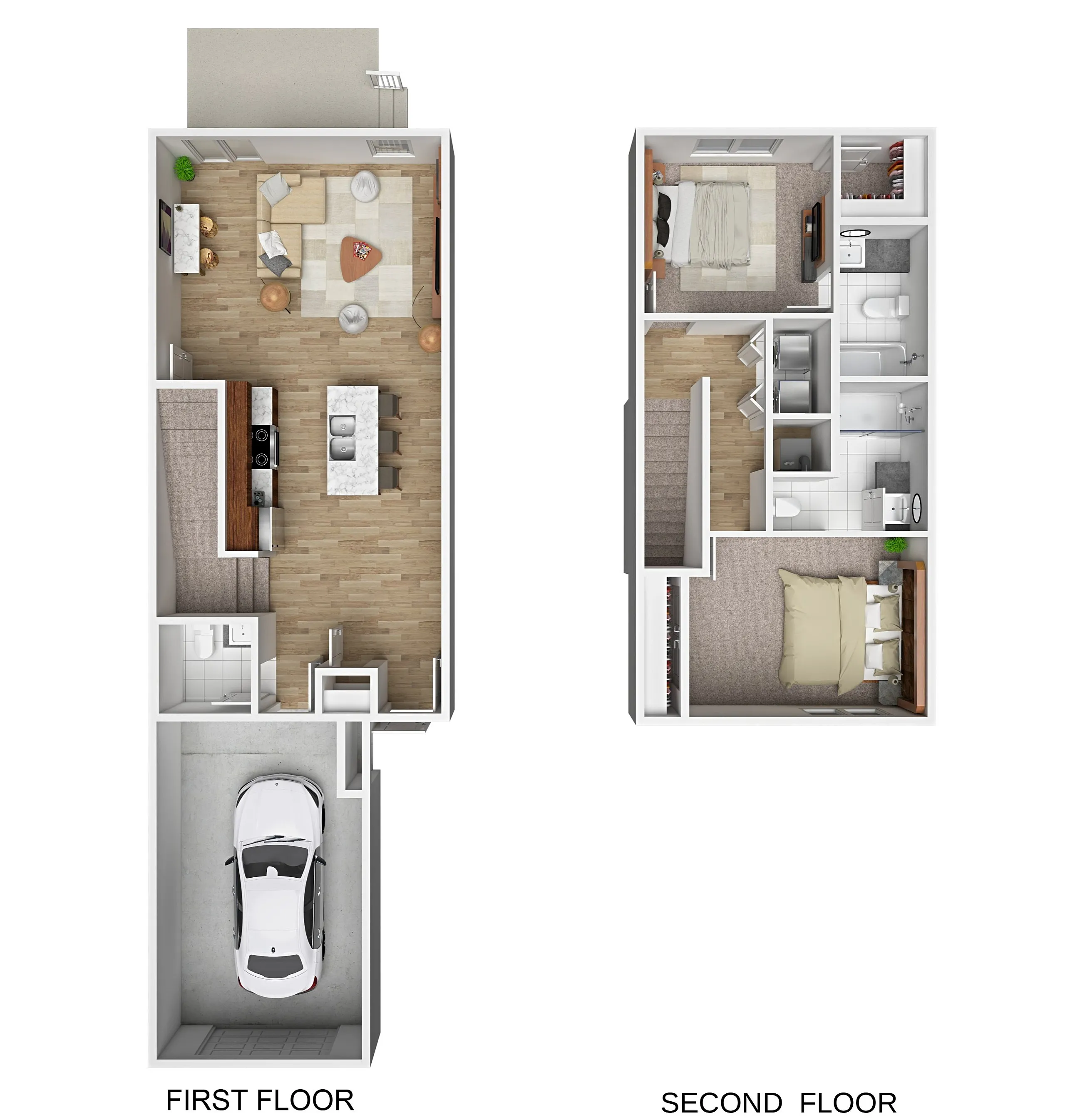 Modern two-level floor plan featuring an open-concept first floor with living area, kitchen, and attached garage. Second floor includes two bedrooms, two bathrooms, and ample storage space.