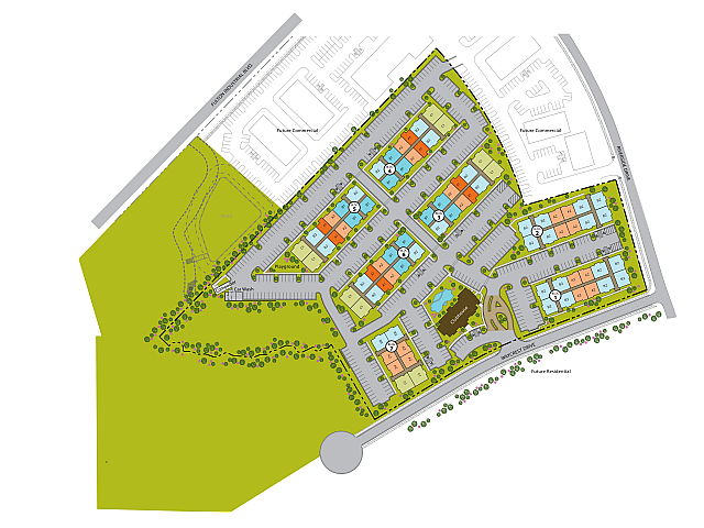 Vibrant site plan showcasing a modern apartment complex with color-coded buildings, ample parking, and lush green spaces including a pond and playground.