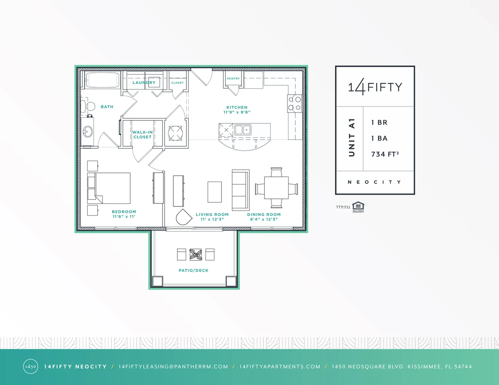 Chic 1-bedroom floor plan at 14 Fifty Neocity featuring modern kitchen, spacious living area, and patio, covering 734 square feet.