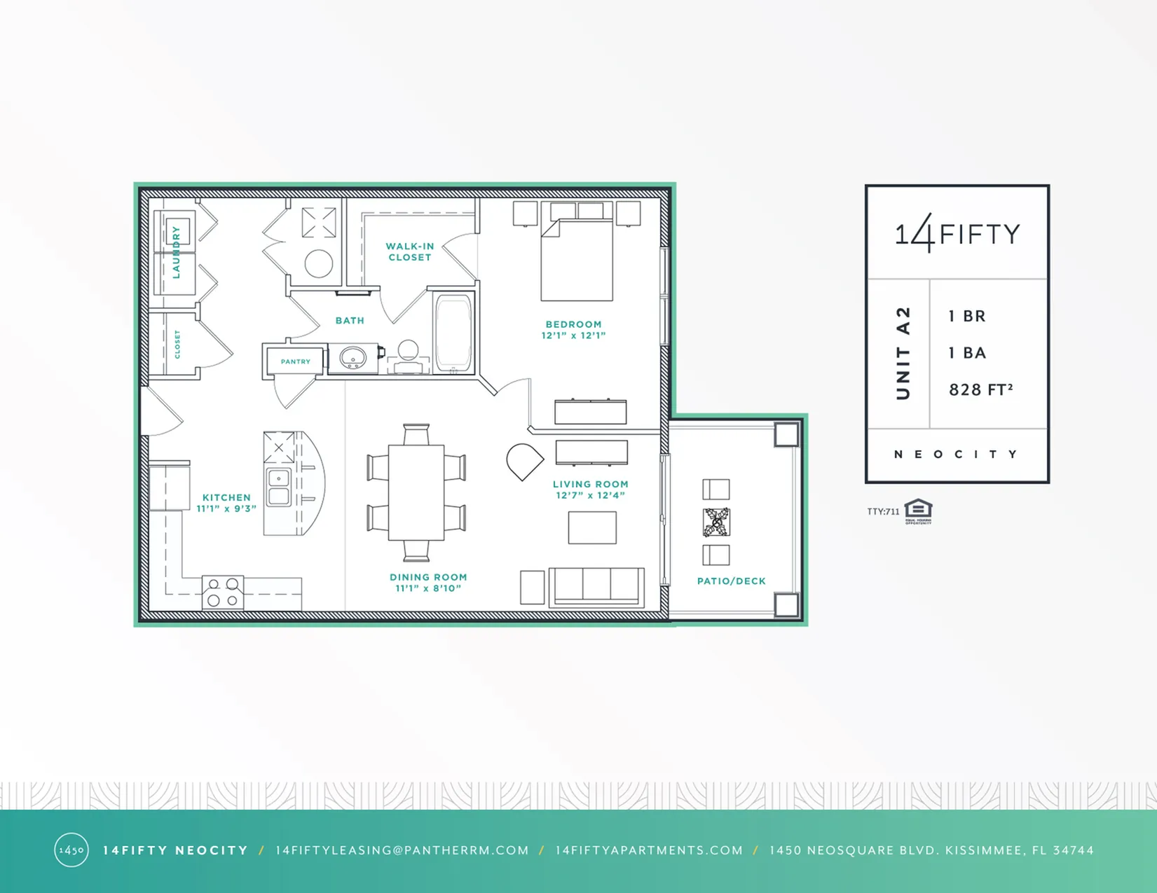 Contemporary 1-bedroom apartment floor plan featuring a spacious living room, modern kitchen, inviting dining area, and a luxurious walk-in closet in NeoCity.
