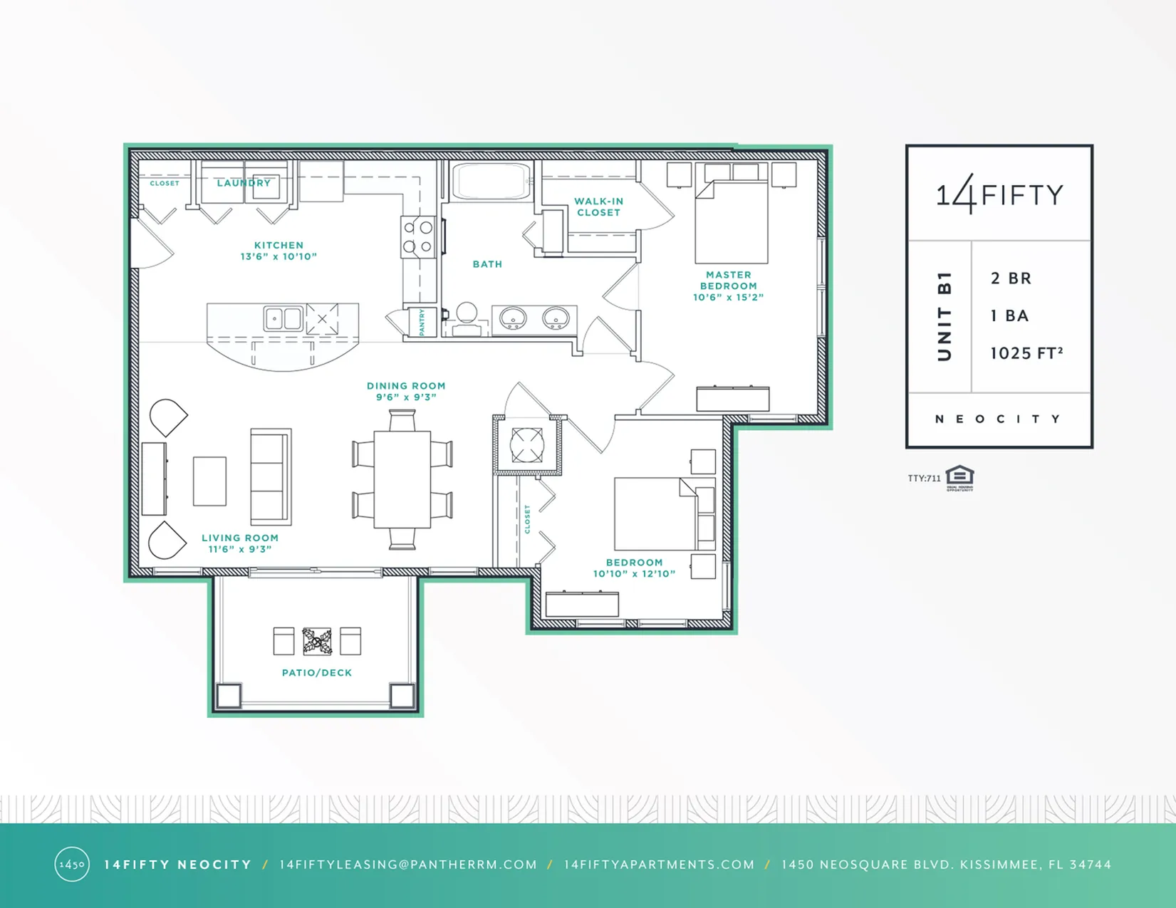 Modern floor plan of Unit B1 at 14Fifty NeoCity featuring 2 bedrooms, 1 bathroom, stylish living and dining area, functional kitchen, laundry space, and inviting patio, spanning 1025 square feet.