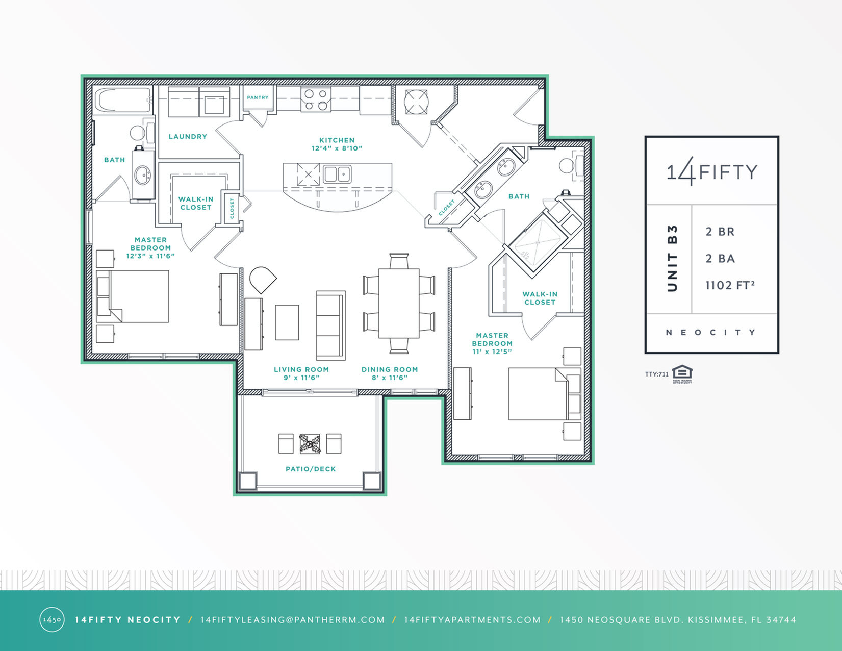 Elegant floor plan showcasing a spacious 2-bedroom, 2-bathroom apartment with open living and dining areas, modern kitchen, and two walk-in closets in a 1102 sq ft layout.