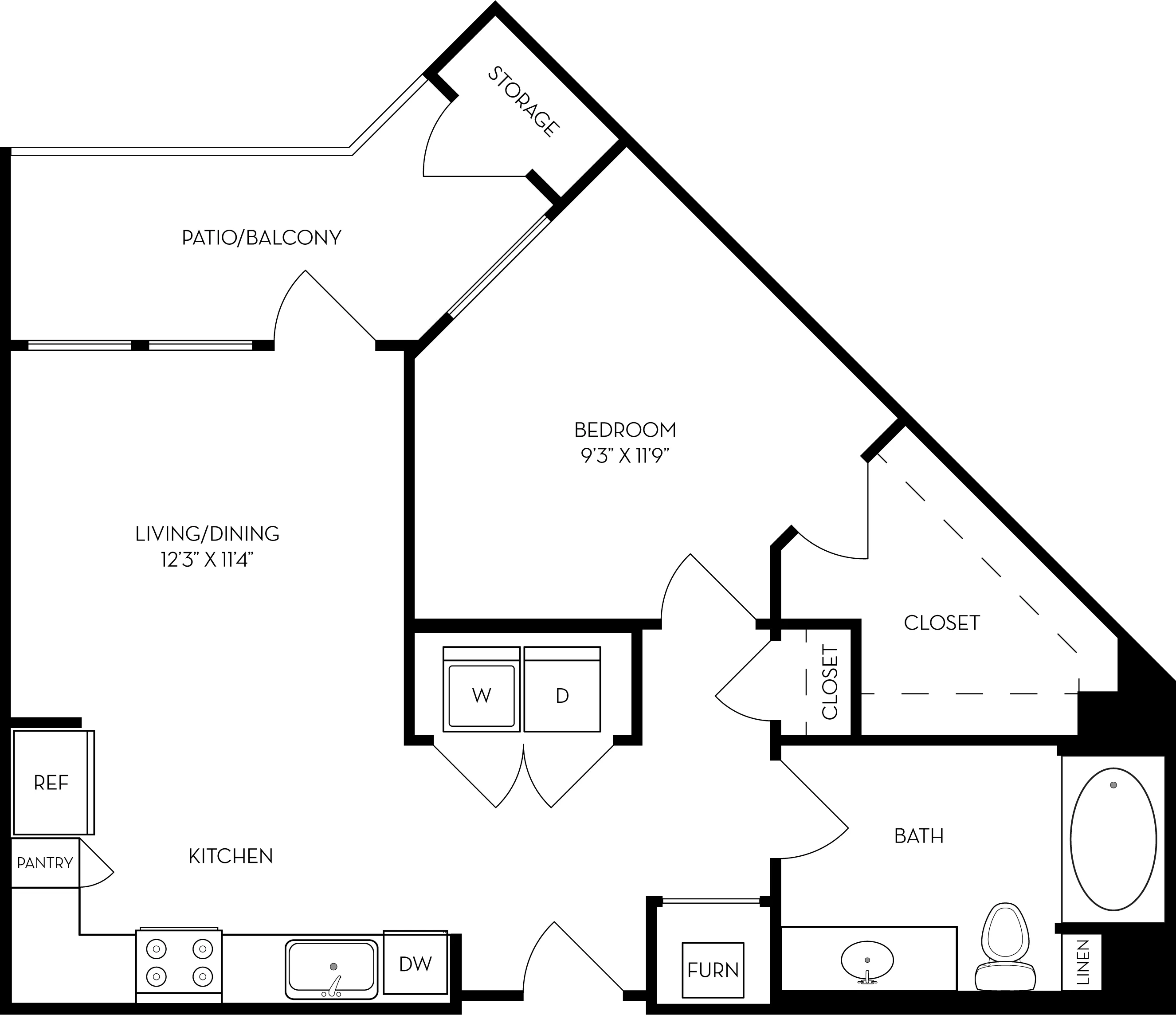 Contemporary floor plan showcasing a cozy 1-bedroom apartment with a spacious living/dining area, modern kitchen, patio/balcony, and ample storage.