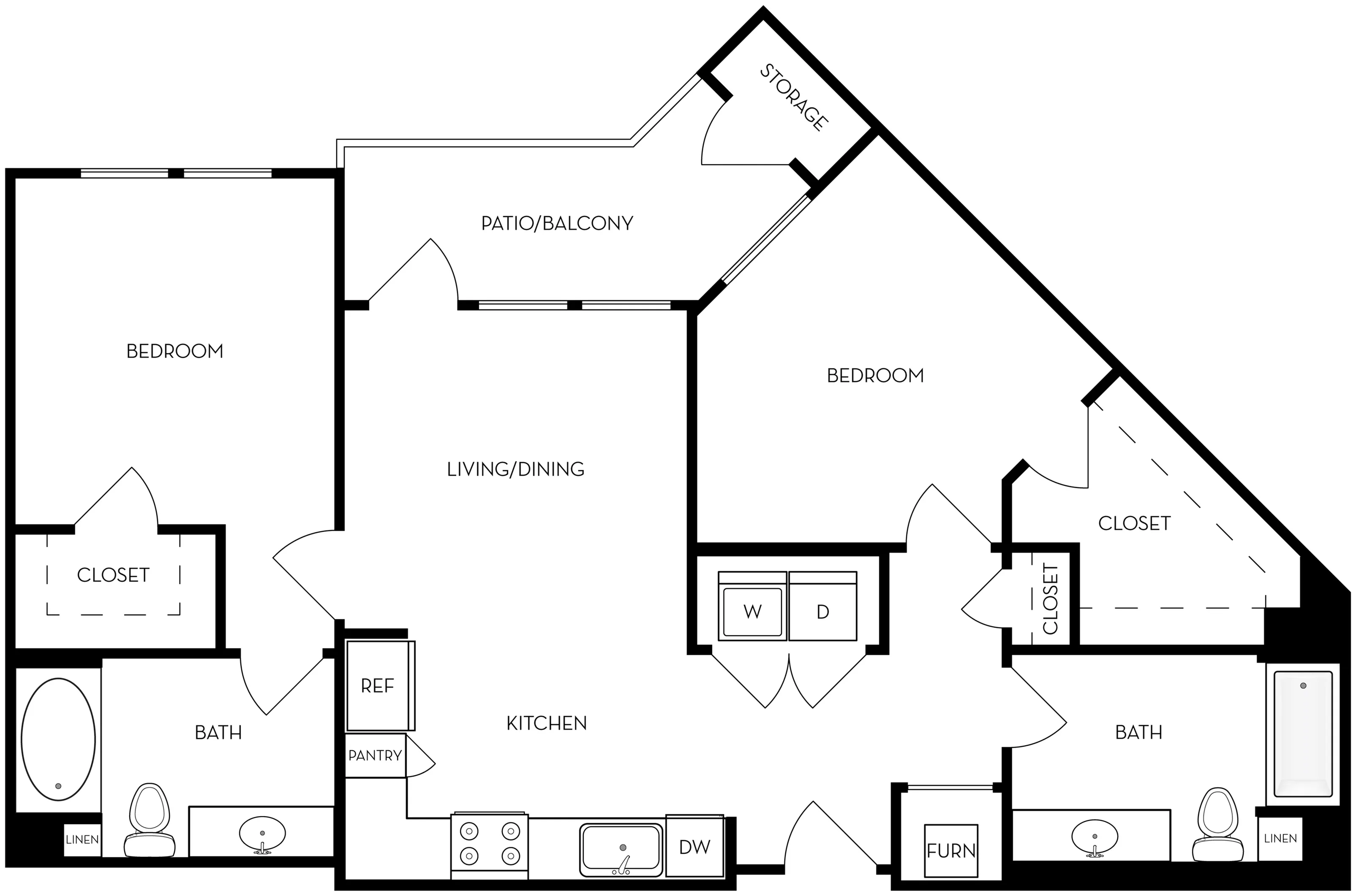 Modern floor plan featuring 2 bedrooms, expansive living/dining area, gourmet kitchen, and a patio/balcony with extra storage.