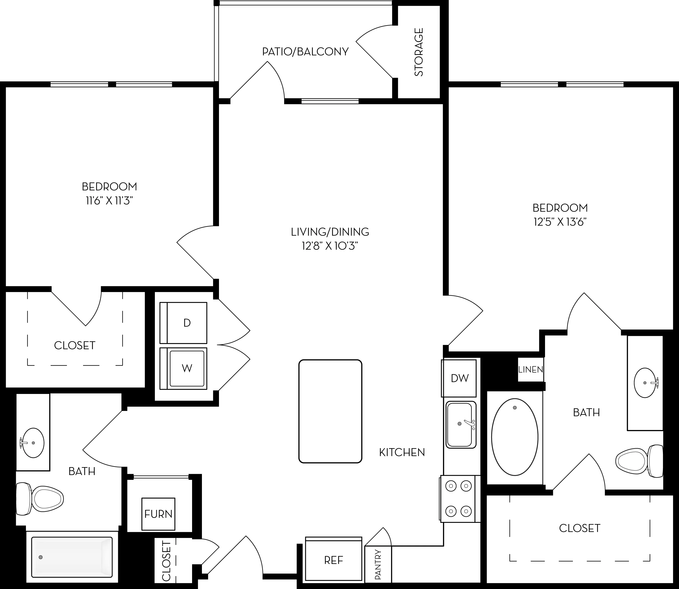 Chic 2-bedroom apartment floor plan featuring open living/dining area, modern kitchen island, and relaxing patio/balcony.