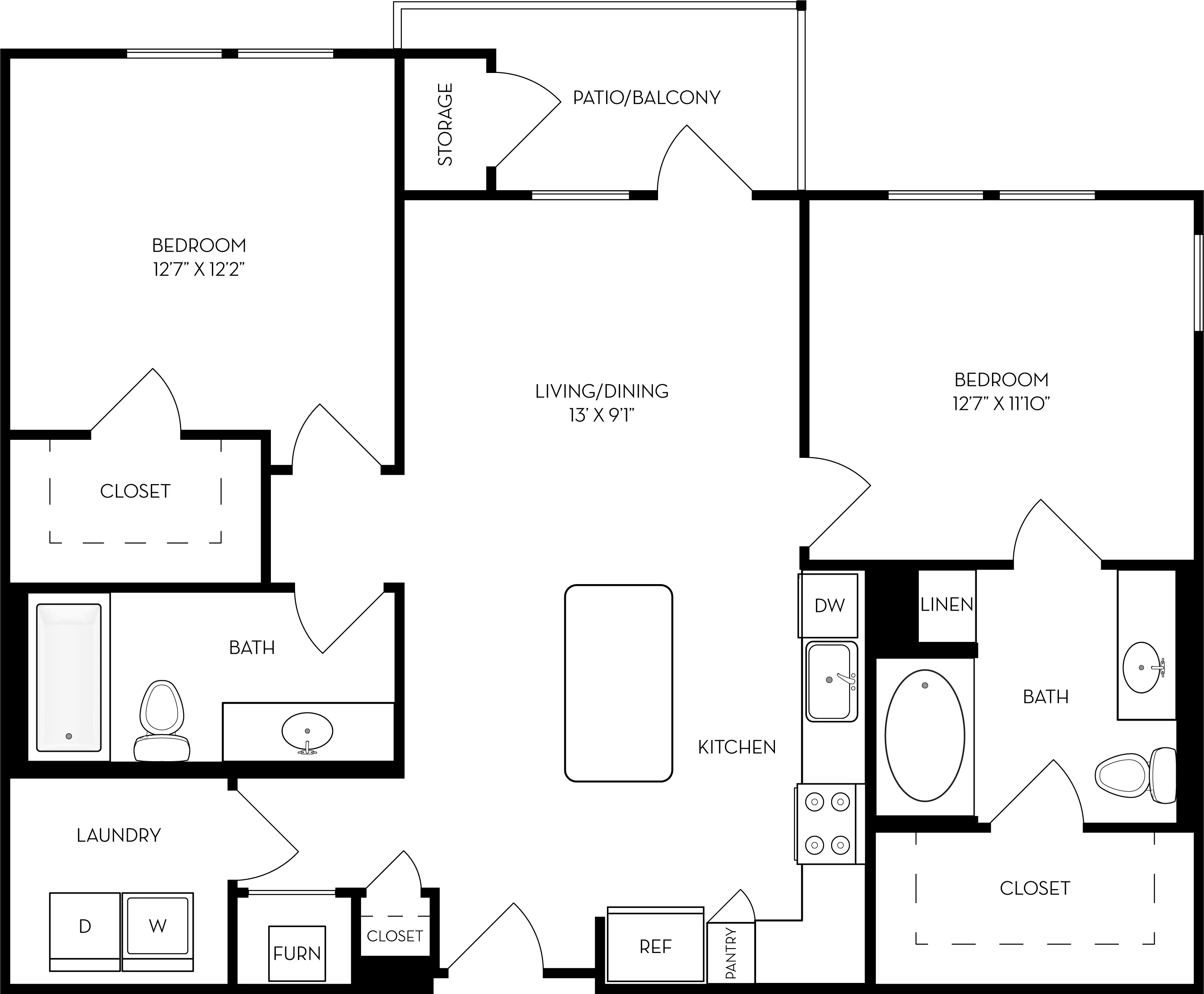 Modern floor plan depicting a spacious 2-bedroom apartment with a large living/dining area, stylish kitchen, and two bathrooms. Includes a patio/balcony and convenient laundry space.