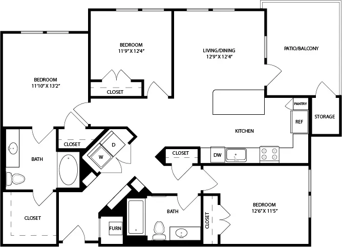 Chic 3-bedroom apartment floor plan with open living/dining area, modern kitchen, and spacious patio/balcony.