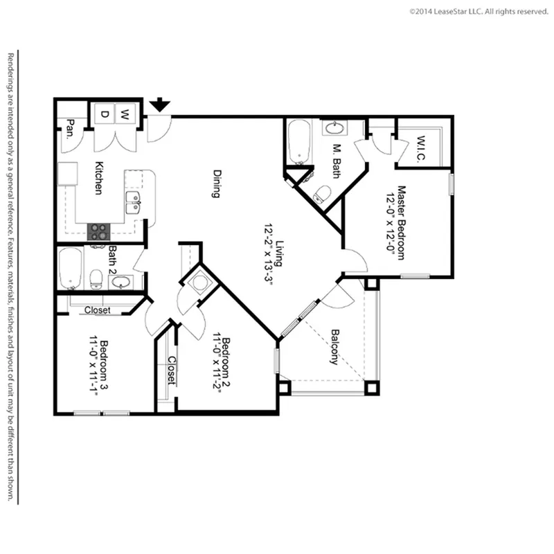 Elegant 3-bedroom floor plan with a master suite, open living and dining area, modern kitchen with pantry, and inviting balcony.