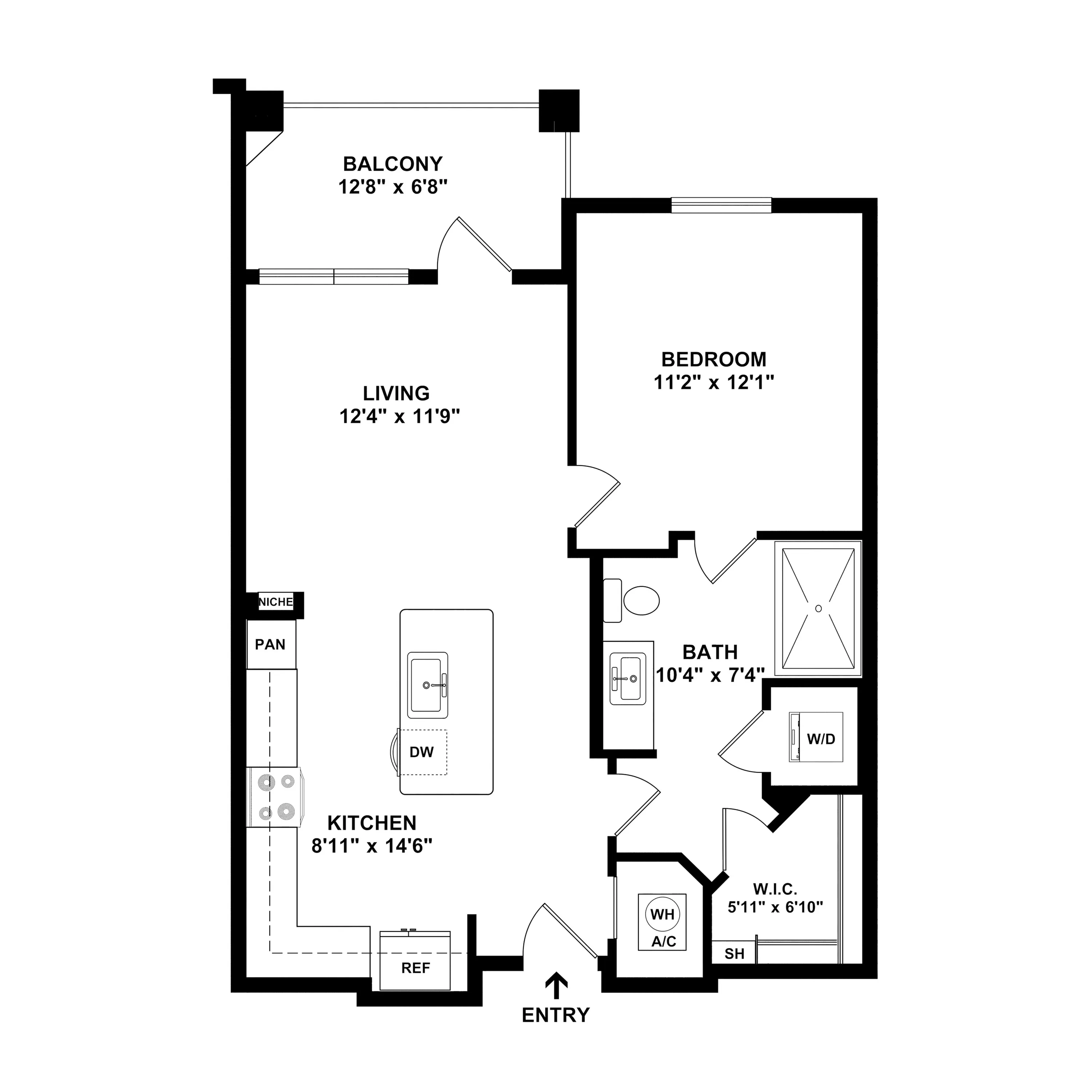 Modern floor plan featuring a spacious bedroom, open-concept kitchen and living area, with a private balcony. Includes bathroom with washer/dryer, and walk-in closet.
