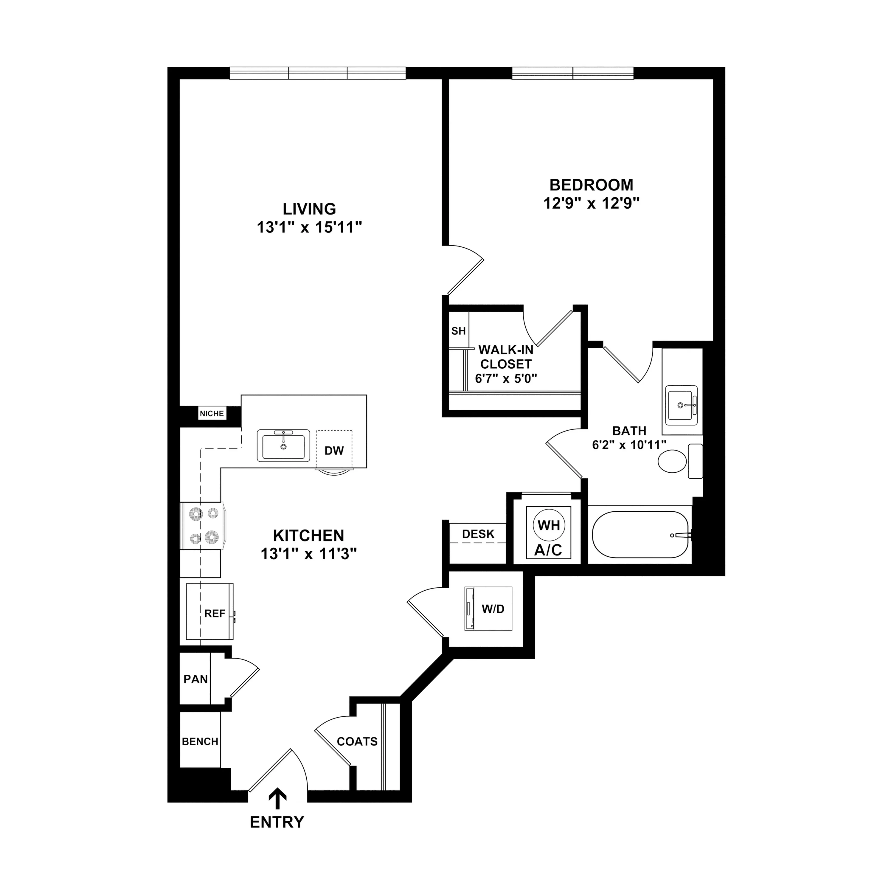 Inviting 1-bedroom floor plan featuring a spacious living area, modern kitchen, walk-in closet, and stylish bathroom.