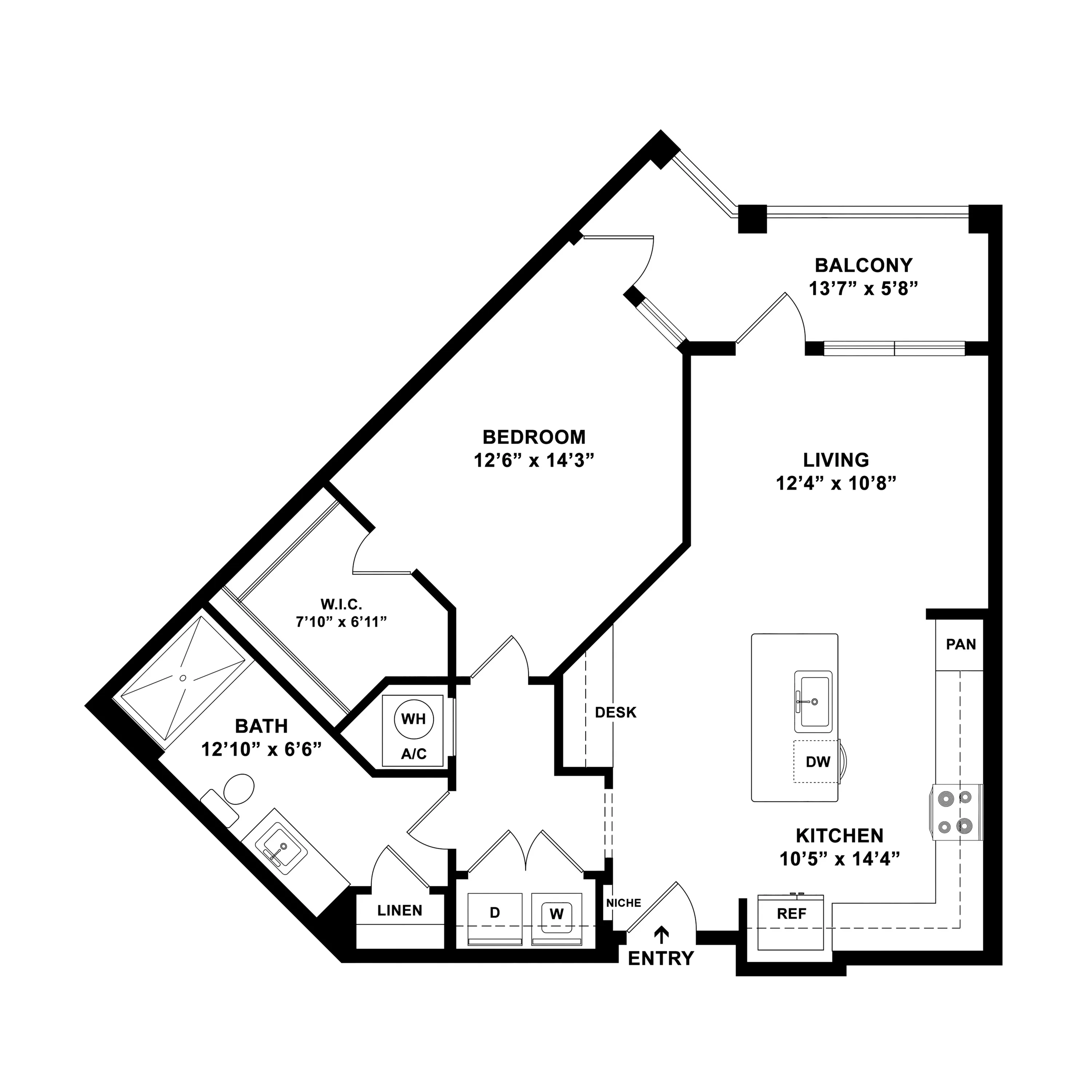 Modern floor plan showcasing a spacious 1-bedroom apartment with a walk-in closet, open-concept living area, large balcony, and fully equipped kitchen.