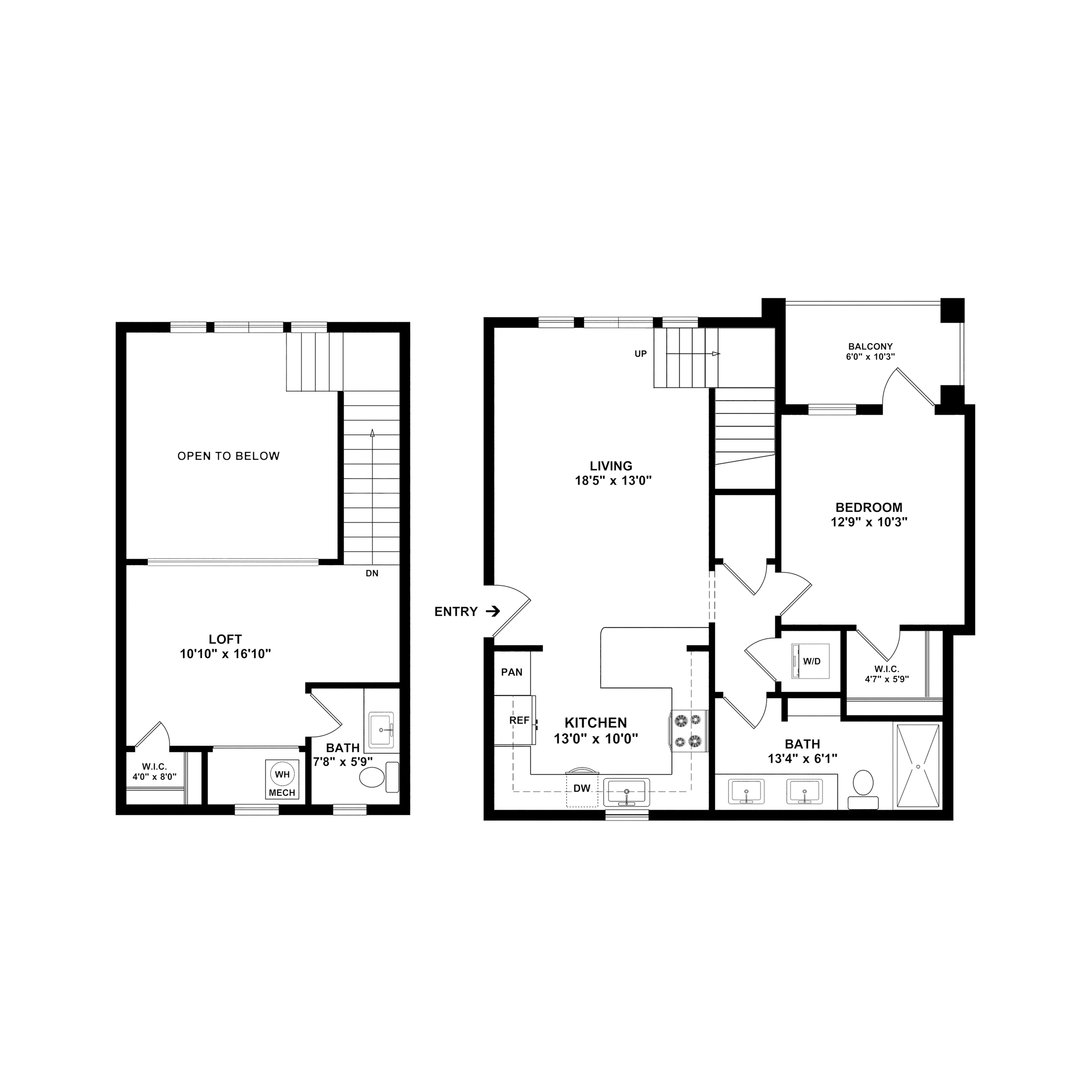 Chic 2-story floor plan featuring a spacious loft, open living room, modern kitchen, cozy bedroom with balcony, and two stylish bathrooms.