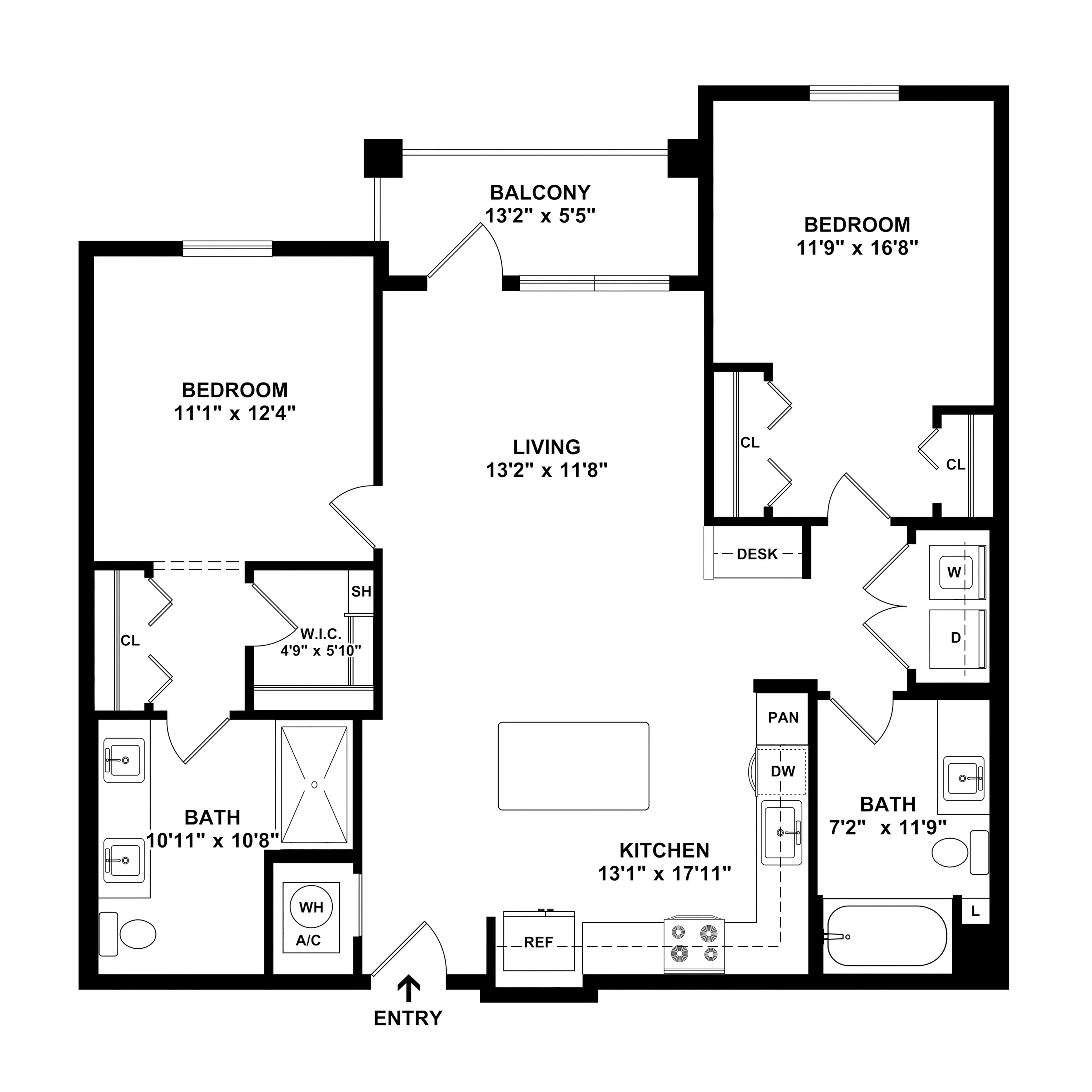 Modern apartment floor plan featuring two spacious bedrooms, a sleek kitchen with island, open living area, and cozy balcony.