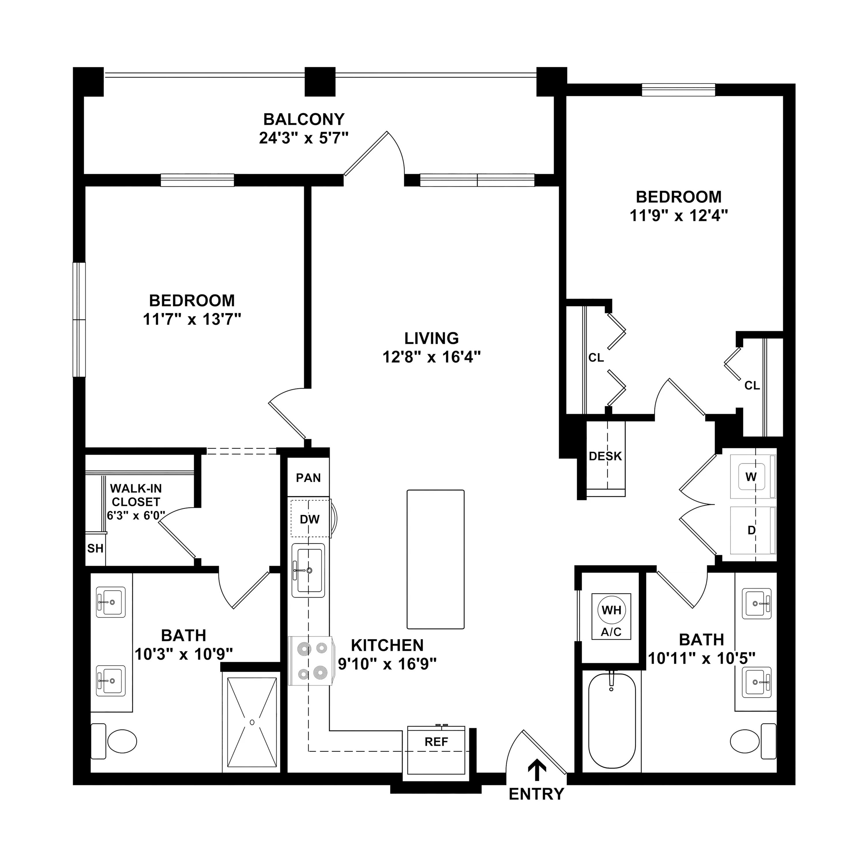 Modern 2-bedroom apartment floor plan featuring spacious living area, open-concept kitchen, convenient walk-in closet, and expansive balcony.
