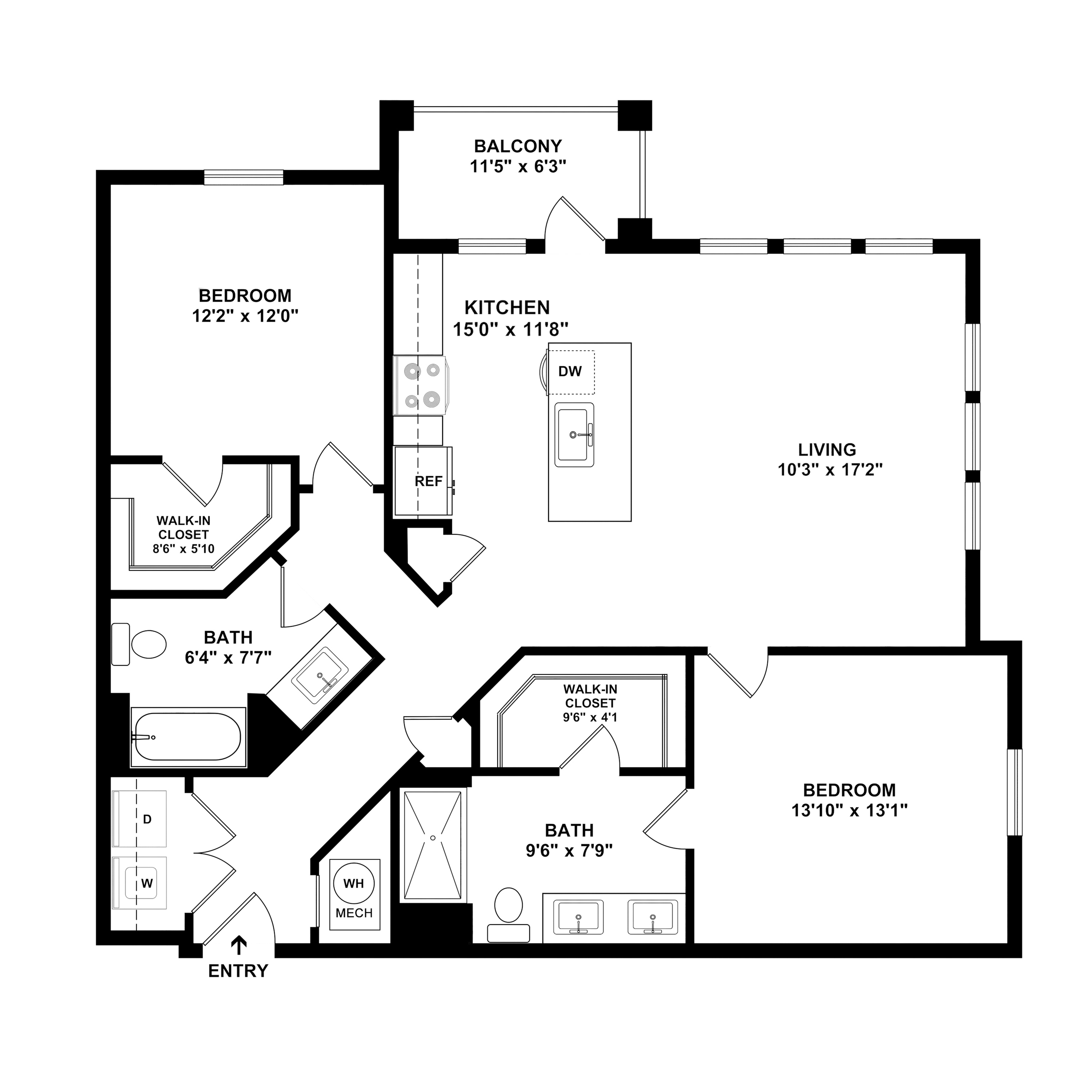 Contemporary 2-bedroom apartment floor plan featuring open-concept living area, modern kitchen with island, two bathrooms, and a private balcony.