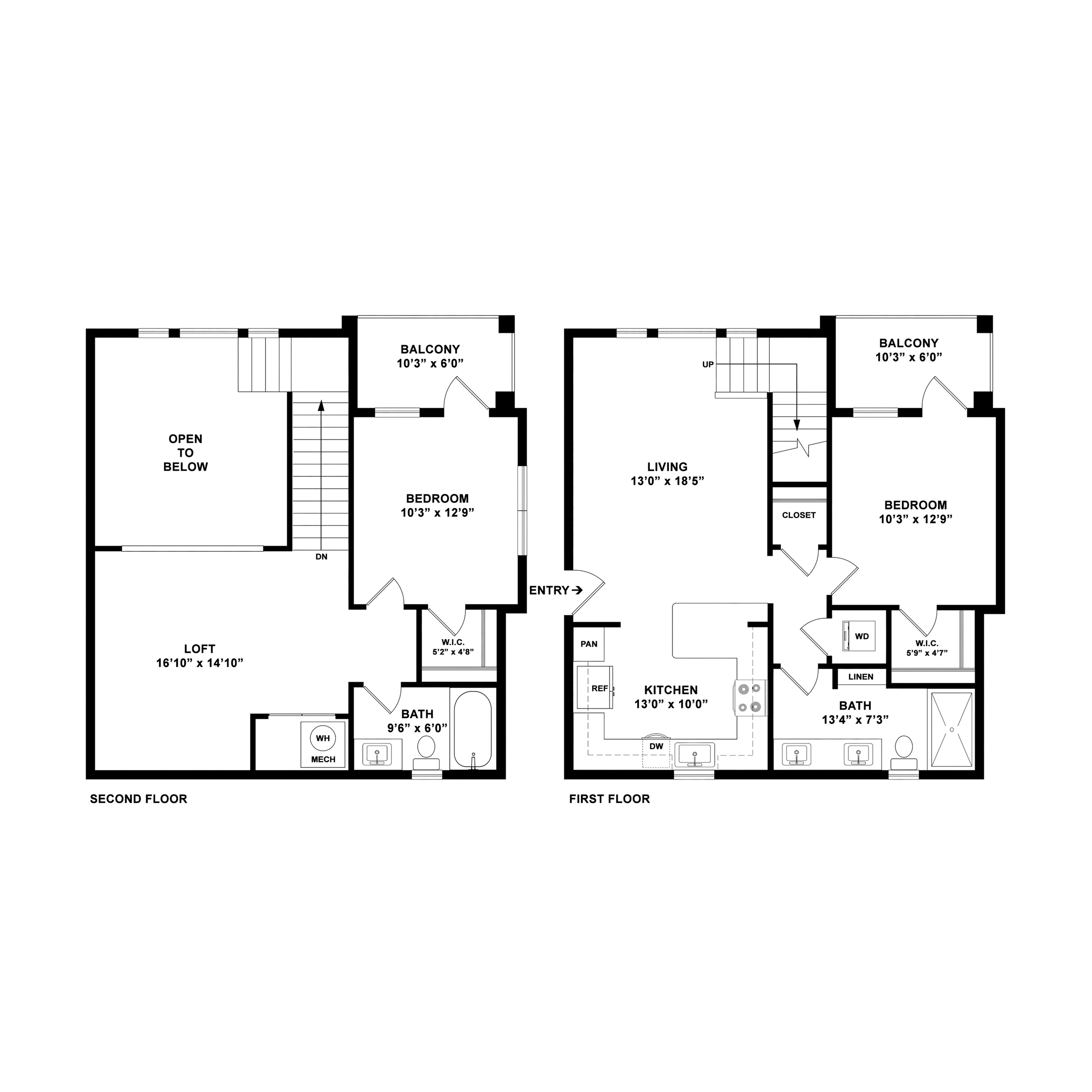 Charming two-story floor plan featuring two bedrooms, a spacious loft, open living and kitchen area, and two balconies for outdoor enjoyment.