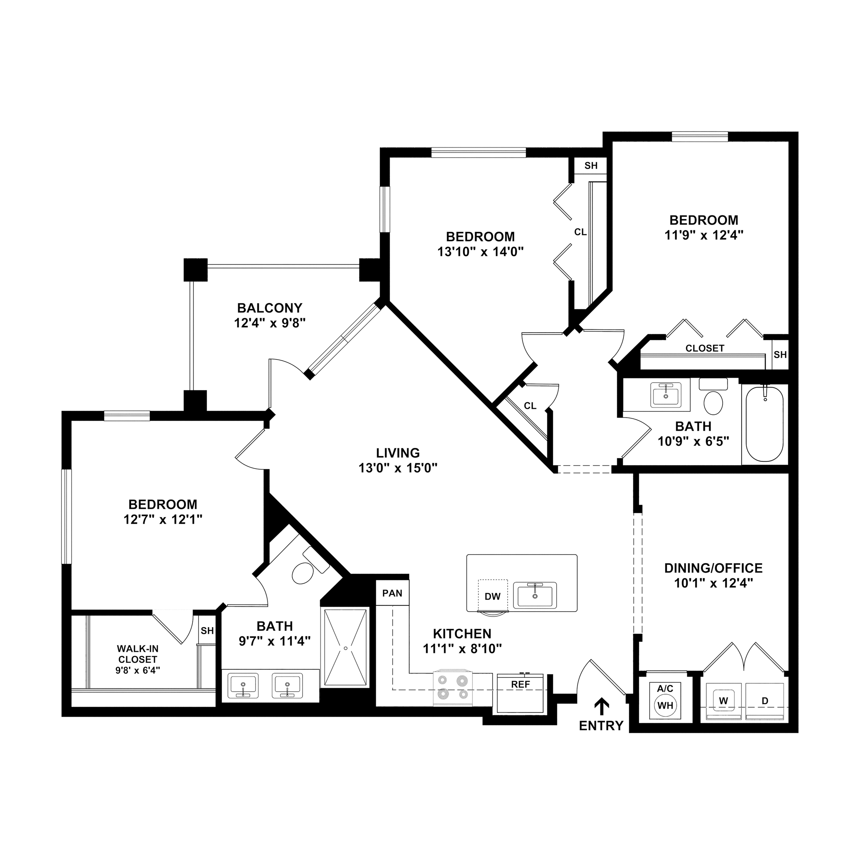 Spacious floor plan with 3 bedrooms, open living area, modern kitchen, 2 luxurious bathrooms, versatile dining or office space, and a private balcony.