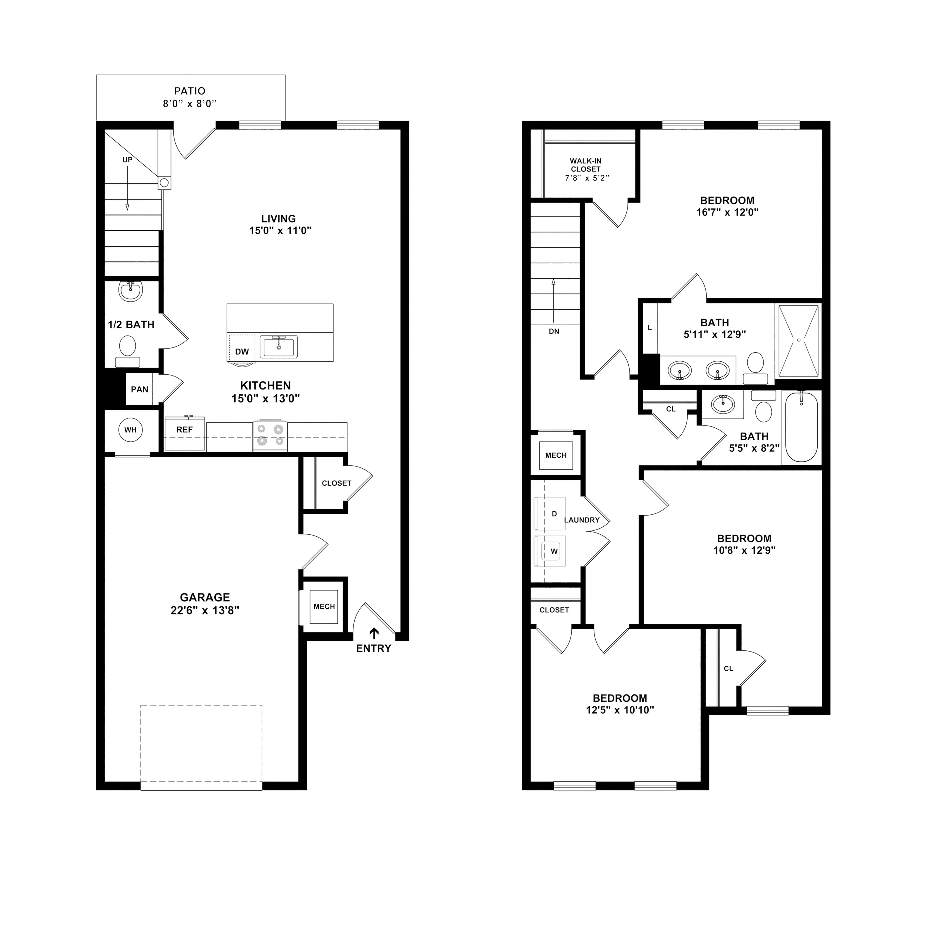 Modern two-story floor plan featuring three spacious bedrooms, an open-concept living area, and a well-appointed kitchen with an island, complete with a private patio and garage.