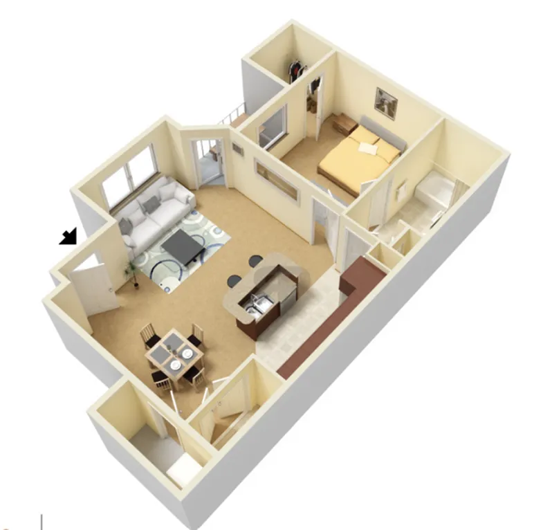 Elegant 3D floor plan showcasing a cozy 1-bedroom apartment with an open living area, dining space, stylish kitchen island, and a modern bathroom.