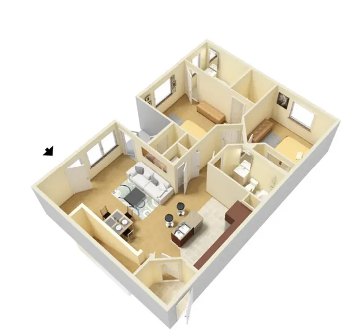 Inviting floor plan showcasing 2 bedrooms, cozy living room, and modern kitchen with breakfast bar seating.