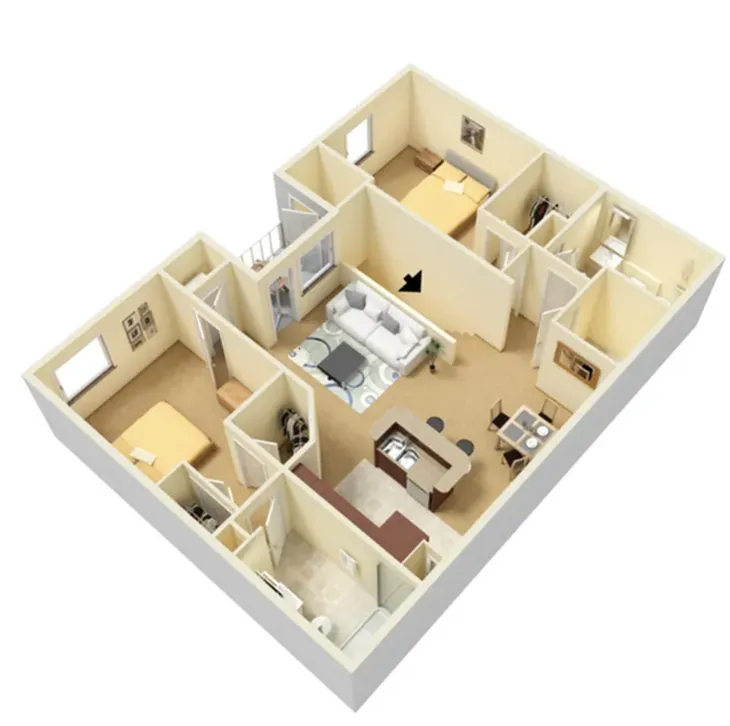 Charming 3D floor plan showcasing a modern apartment with two cozy bedrooms, an inviting living area, and a sleek kitchen connected to a dining space.