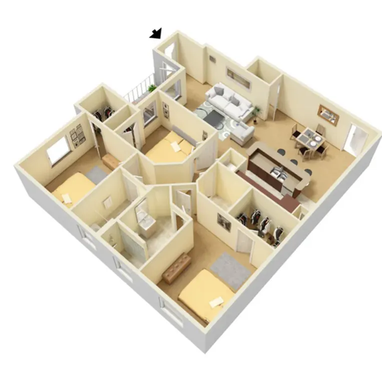 Modern 3D floor plan showcasing 3 bedrooms, inviting living room, stylish open-concept kitchen, and cozy dining area.