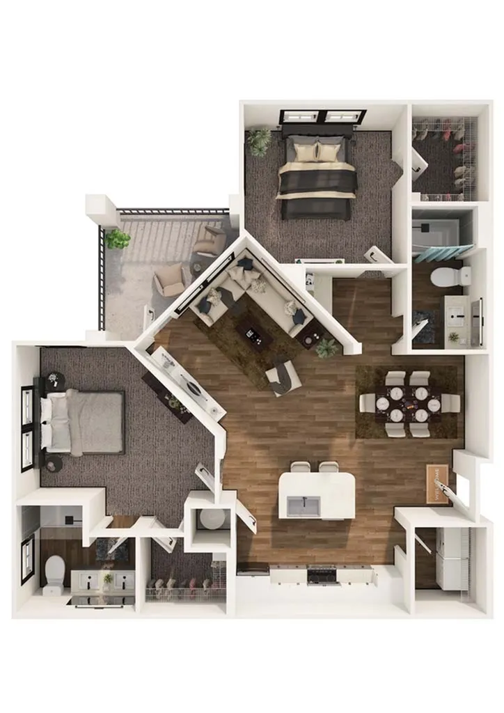 Modern apartment floor plan featuring 2 bedrooms, a cozy living room, sleek kitchen with island, dining area, and two bathrooms. Includes a private balcony with stylish outdoor seating.