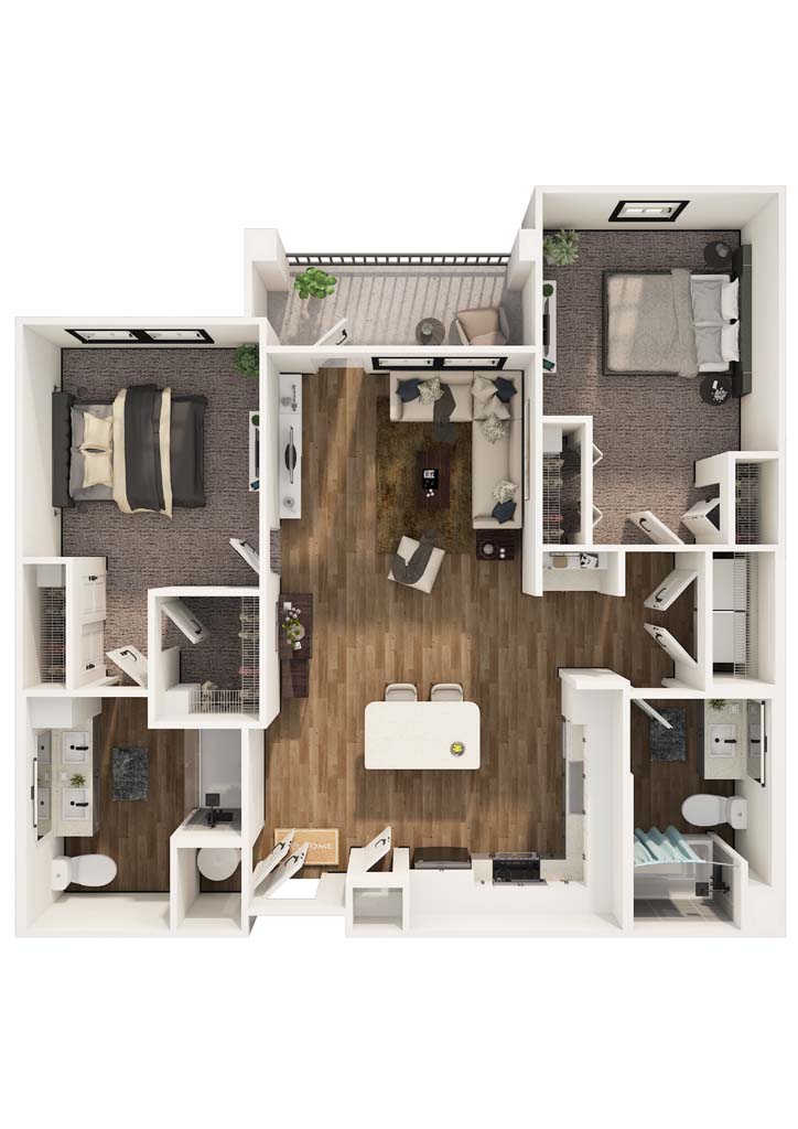 Modern 3D floor plan of a sleek apartment featuring 2 bedrooms, open-concept living and dining area, and 2 bathrooms, with balcony access for serene outdoor views.