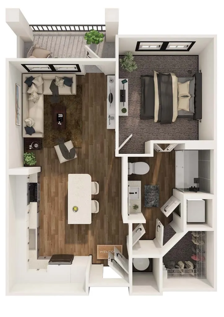 Modern 1-bedroom apartment floor plan featuring an open-concept living area, sleek kitchen with island, and cozy balcony for relaxation.